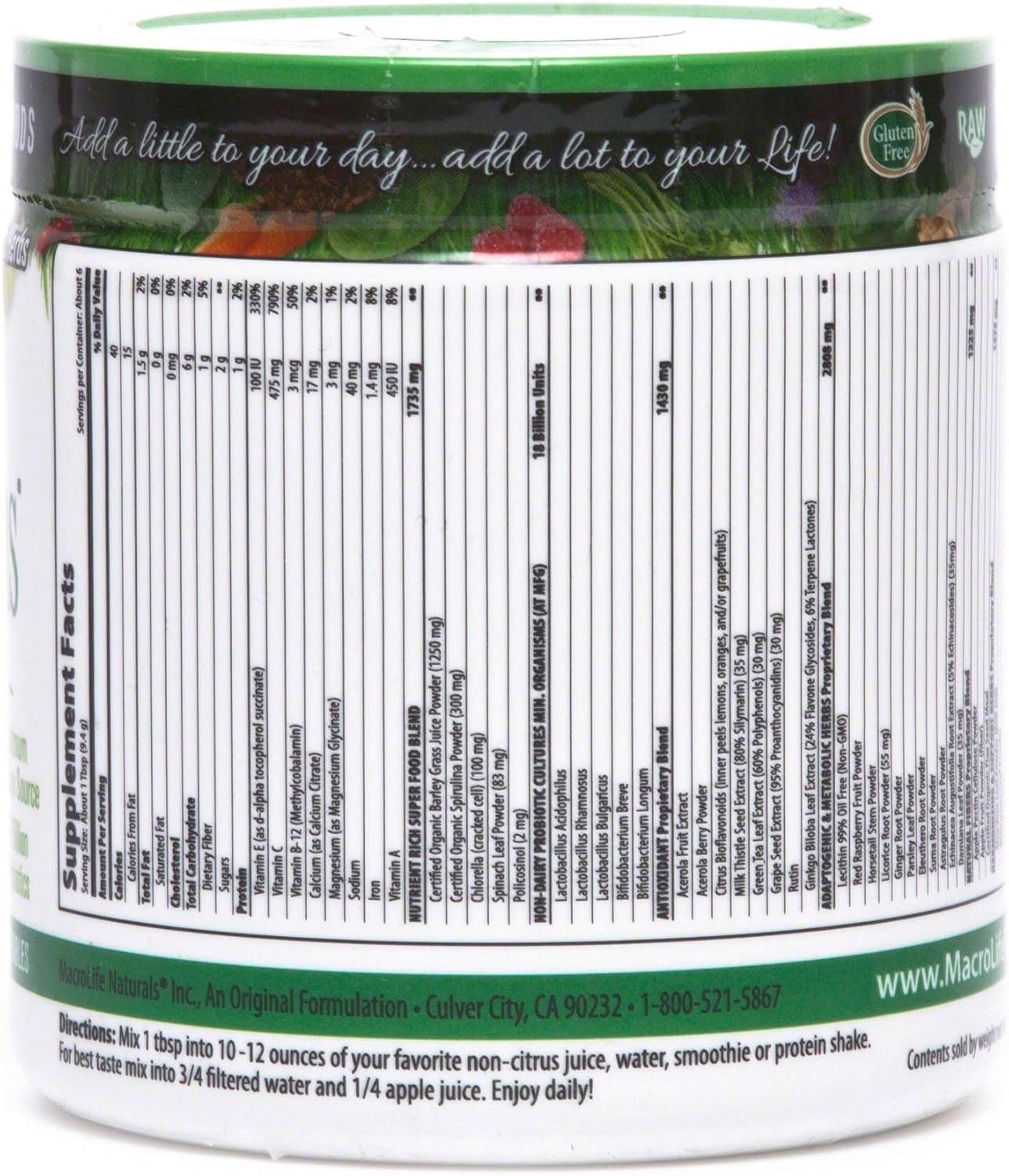 MacroLife Naturals Macro Greens Powder: Superfood Probiotic Antioxidant Enzyme & Herbal Supplement - Immunity Boost Energy Cleanse - Non-GMO Vegan Gluten-Free Dairy-Free - 2 oz (6 Servings)