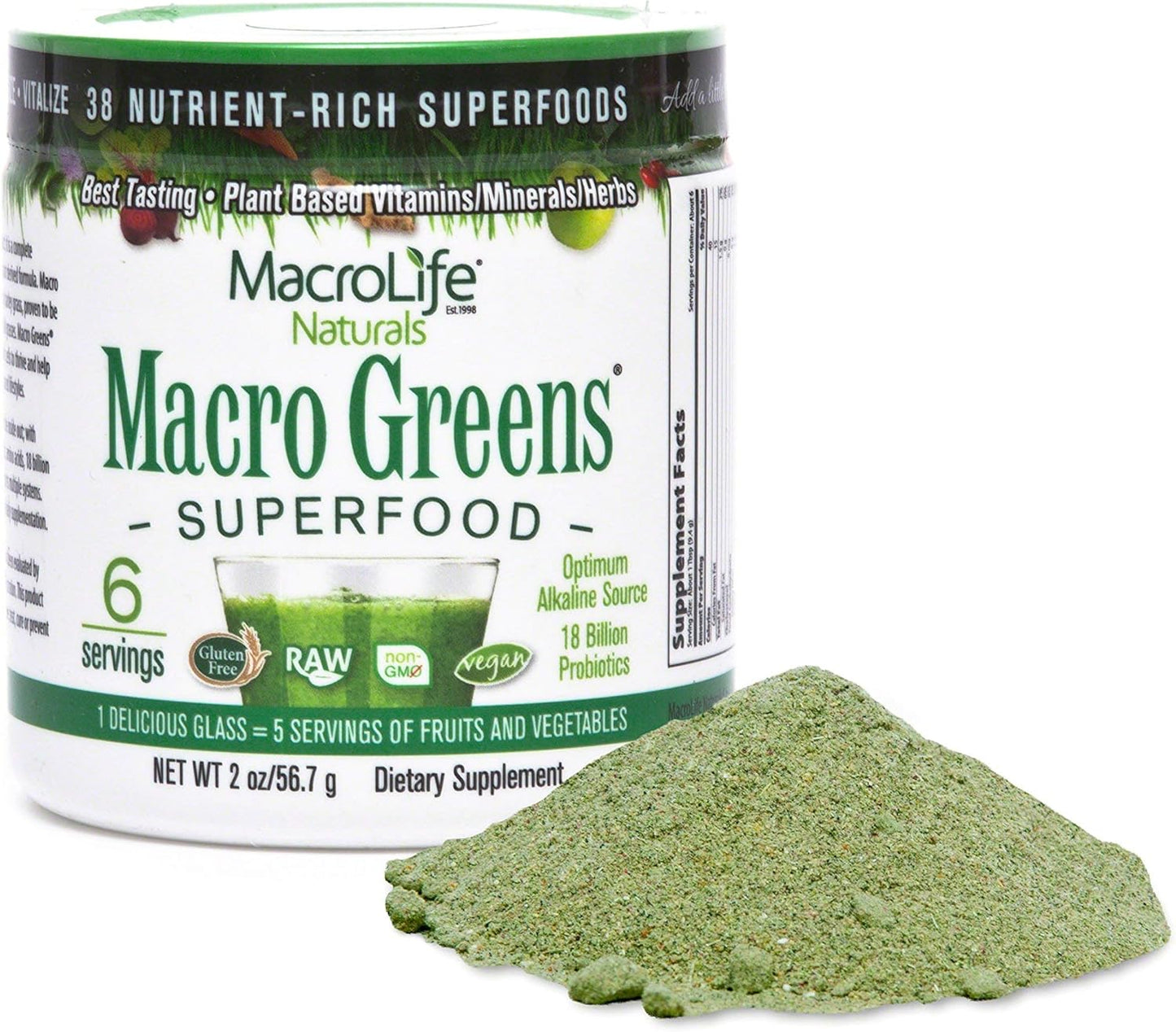 MacroLife Naturals Macro Greens Powder: Superfood Probiotic Antioxidant Enzyme & Herbal Supplement - Immunity Boost Energy Cleanse - Non-GMO Vegan Gluten-Free Dairy-Free - 2 oz (6 Servings)