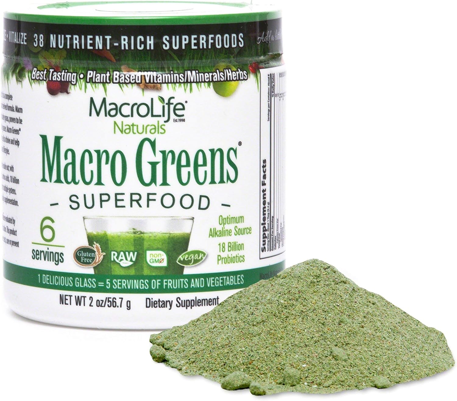 MacroLife Naturals Macro Greens Powder: Superfood Probiotic Antioxidant Enzyme & Herbal Supplement - Immunity Boost Energy Cleanse - Non-GMO Vegan Gluten-Free Dairy-Free - 2 oz (6 Servings)