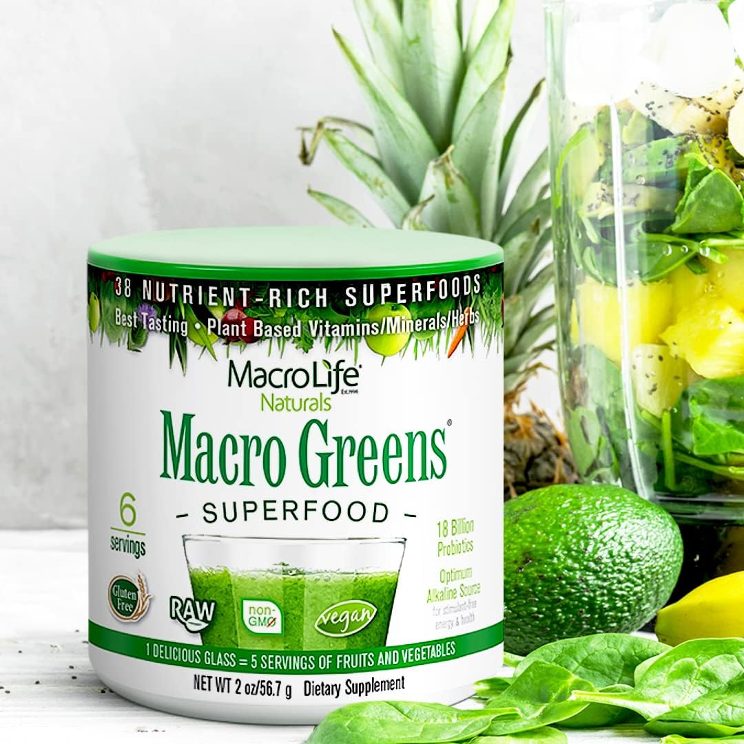 MacroLife Naturals Macro Greens Powder: Superfood Probiotic Antioxidant Enzyme & Herbal Supplement - Immunity Boost Energy Cleanse - Non-GMO Vegan Gluten-Free Dairy-Free - 2 oz (6 Servings)