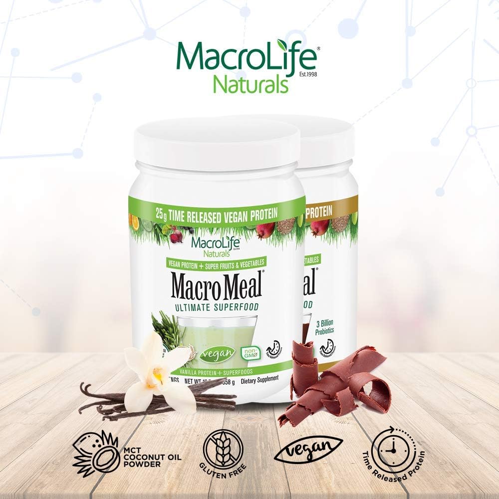 MacroLife Naturals MacroMeal Vegan Protein Powder Bundle - Vanilla and Chocolate Flavors, 30 Servings, Superfood Greens Included