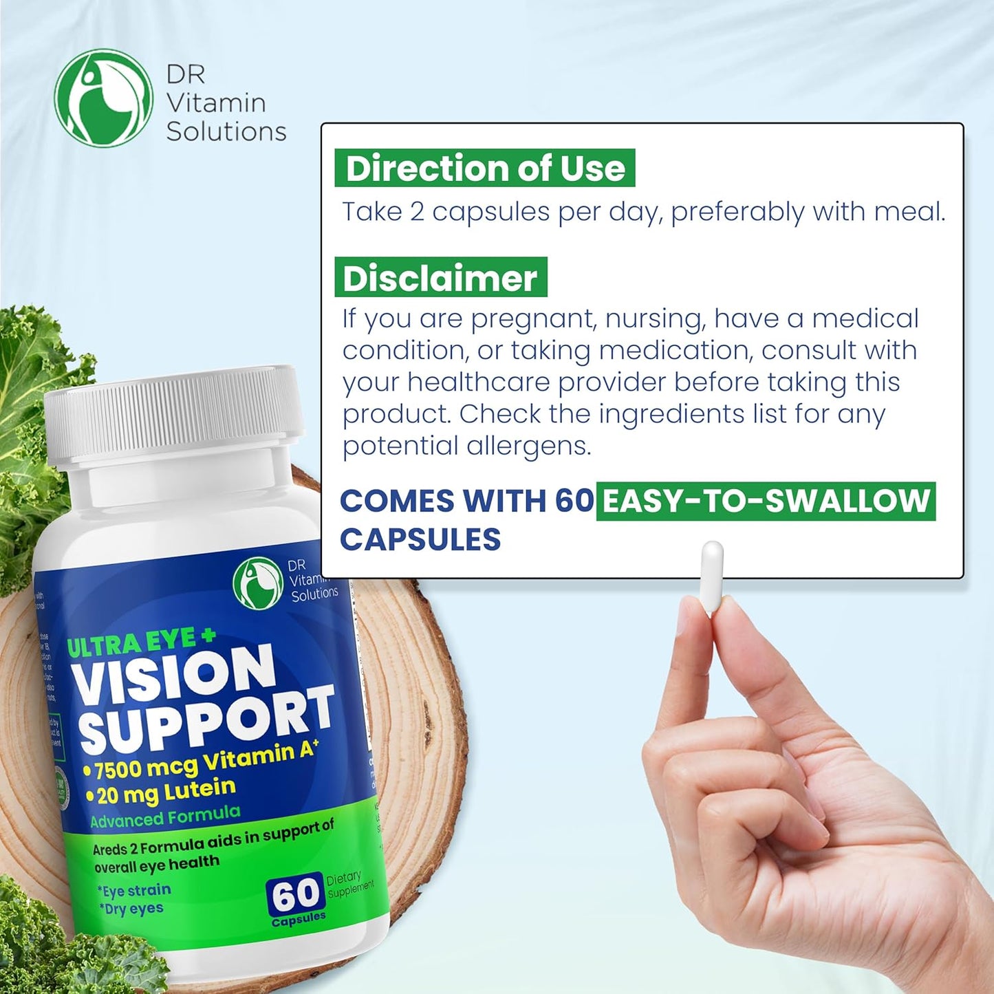 Macular Health Eye Vitamins with Lutein, Zinc, Vitamin A & Bilberry - Areds 2 Formula for Red & Dry Eyes - 1 Bottle, 60 Capsules