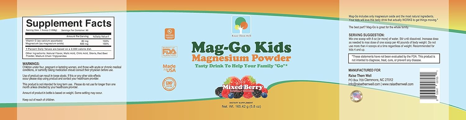 Mag-Go Kids Magnesium Powder for Constipation Relief - Mixed Berry Flavor - 90 Servings - BoostGo Australia