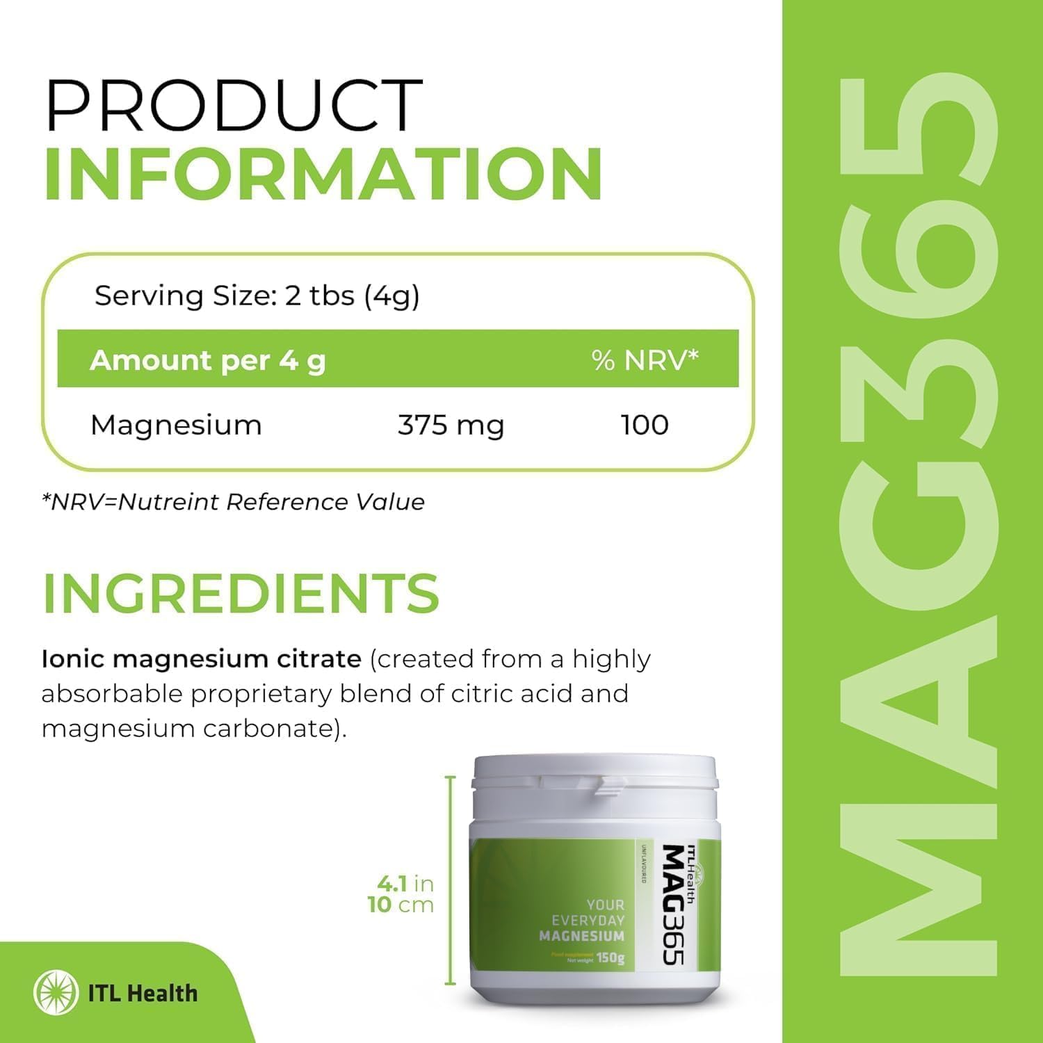 MAG365 ITL Health Ionic Magnesium Citrate Powder - Unflavored, Natural Citrus Taste - Supports Metabolism, Strong Bones, Muscle Function, Heart Health - 38 Servings