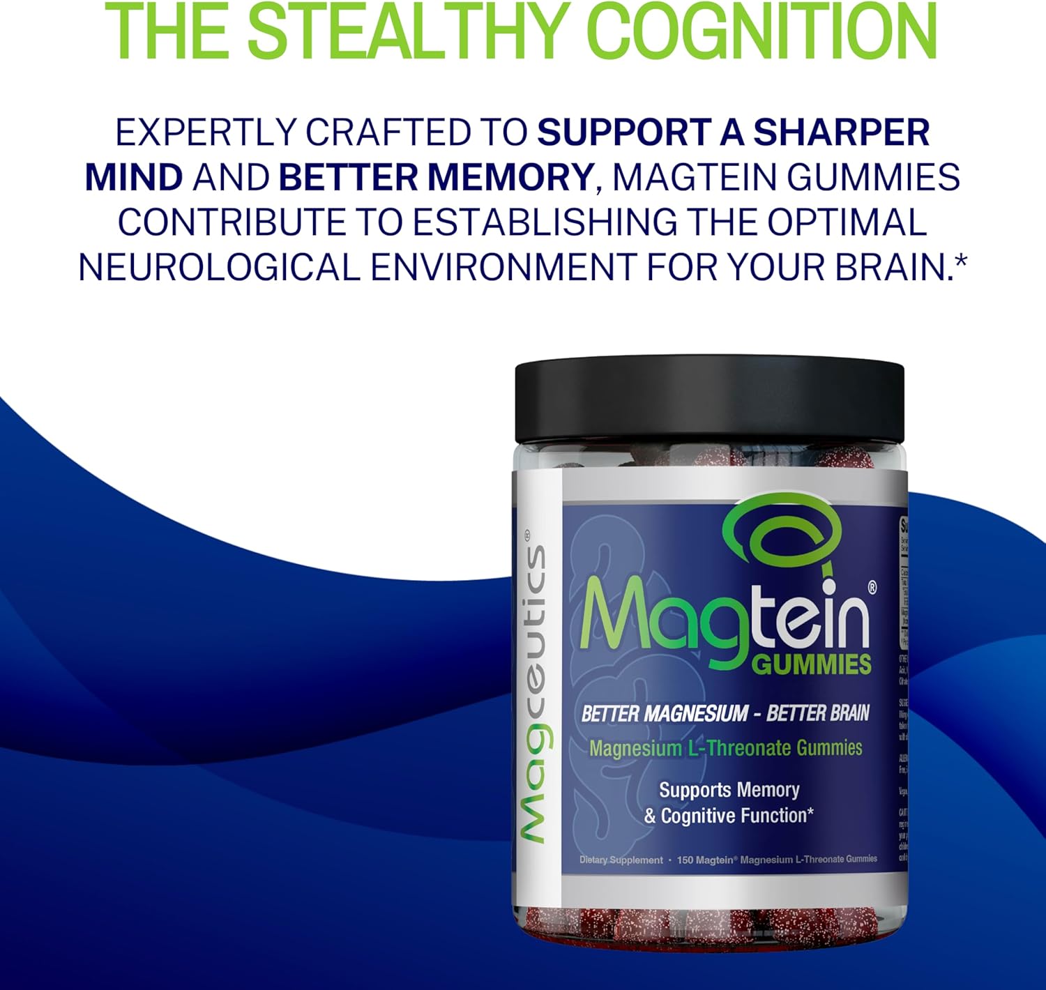 Magceutics Magtein Brain Support Gummies - Magnesium L-Threonate Supplement for Memory & Focus - 150 Vegan Gummies
