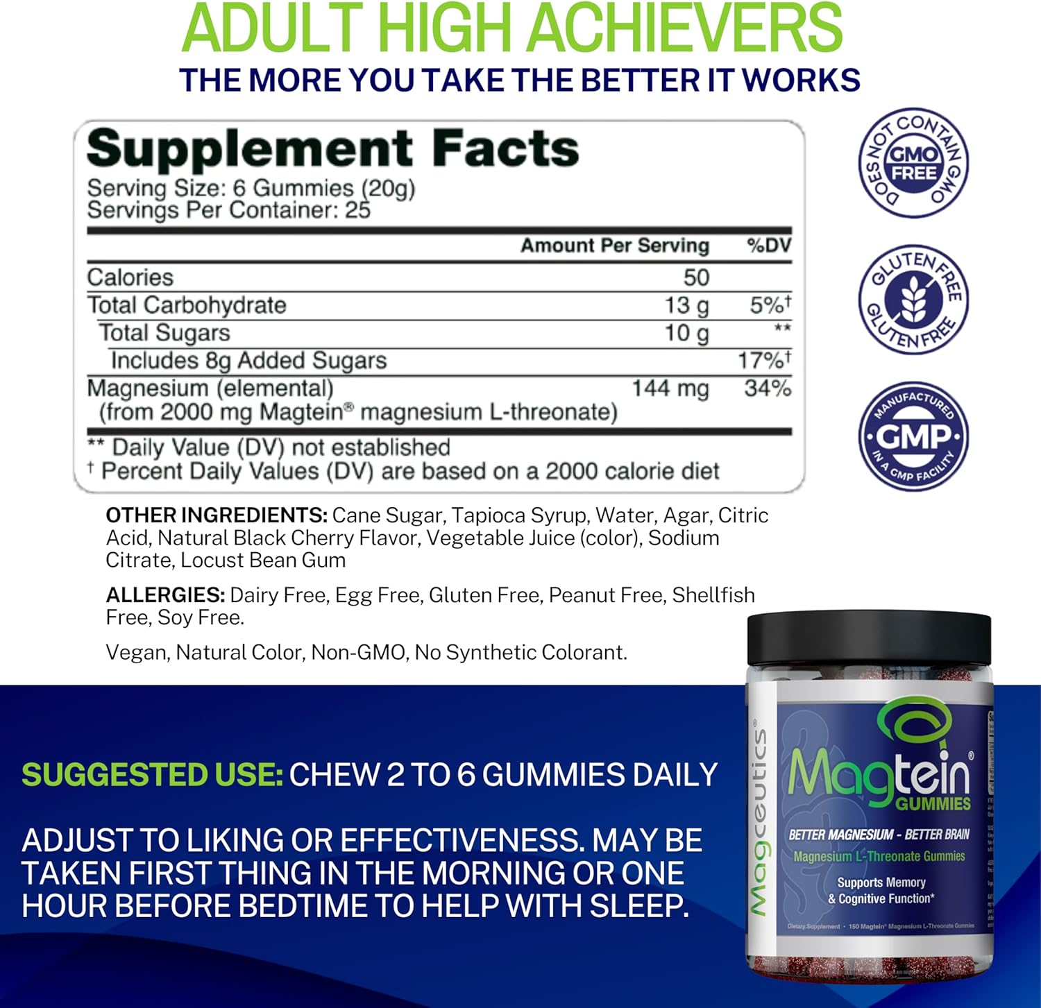 Magceutics Magtein Brain Support Gummies - Magnesium L-Threonate Supplement for Memory & Focus - 150 Vegan Gummies