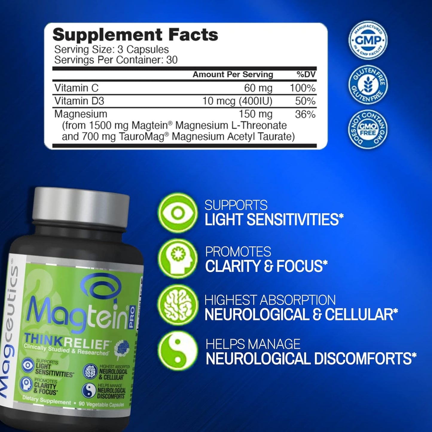 Magceutics MagteinPRO: Magnesium L-Threonate & Acetyl Taurinate - PMS Relief, Brain Health - 90 Veg Capsules