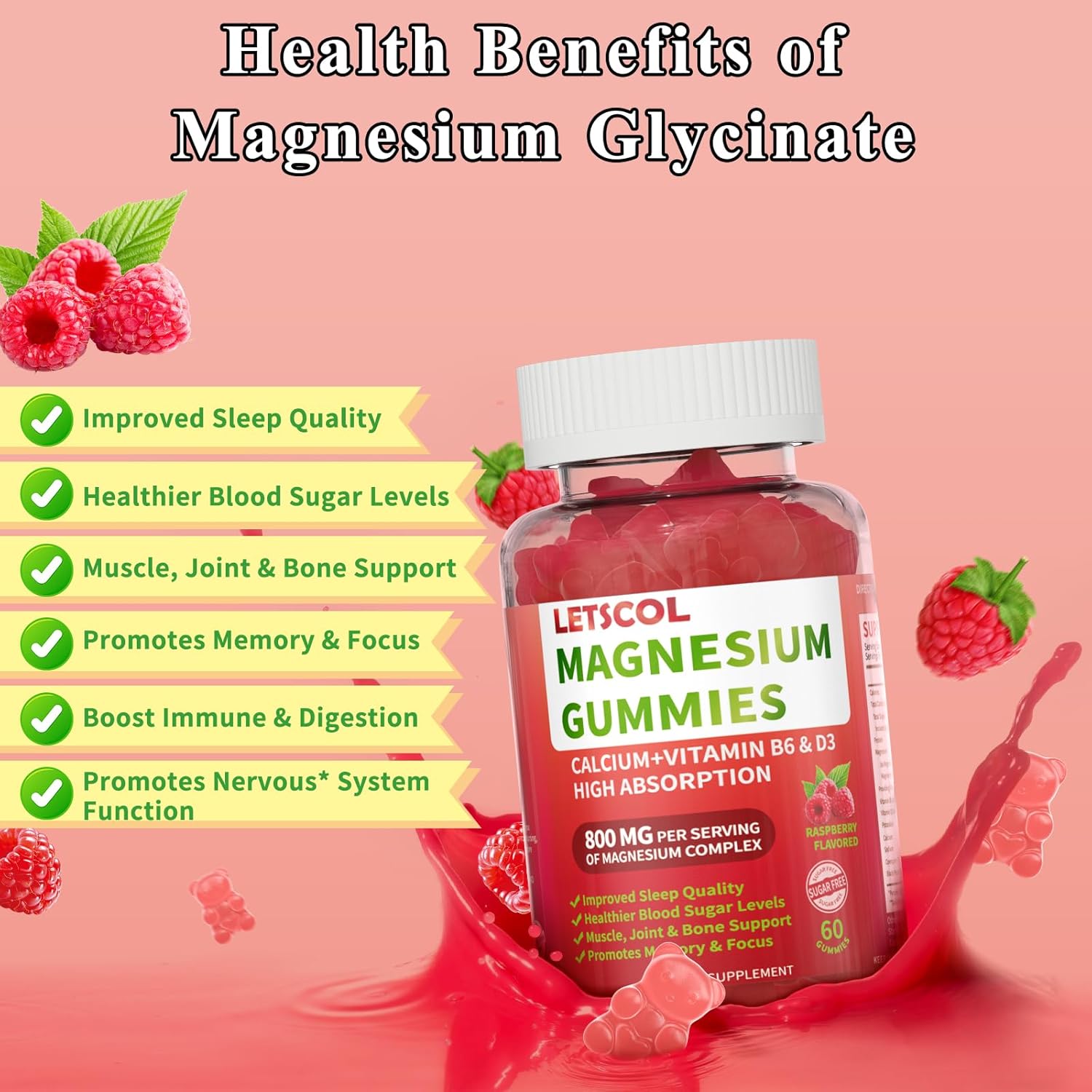 Magical Magnesium Glycinate Gummies - 800mg Per Serving, Sugar Free Supplement with Magnesium Malate, Calcium, Vitamin D3, B6, CoQ10 for Calm Support & Sleep - Adults Kids