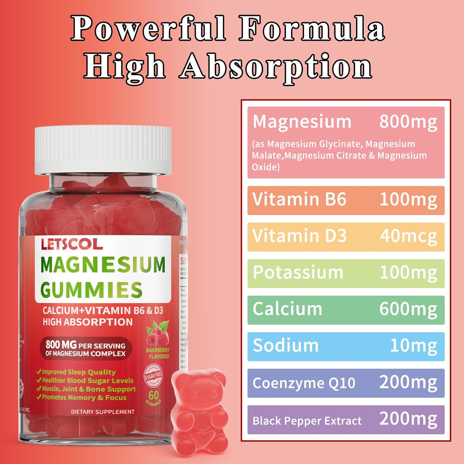 Magical Magnesium Glycinate Gummies - 800mg Per Serving, Sugar Free Supplement with Magnesium Malate, Calcium, Vitamin D3, B6, CoQ10 for Calm Support & Sleep - Adults Kids