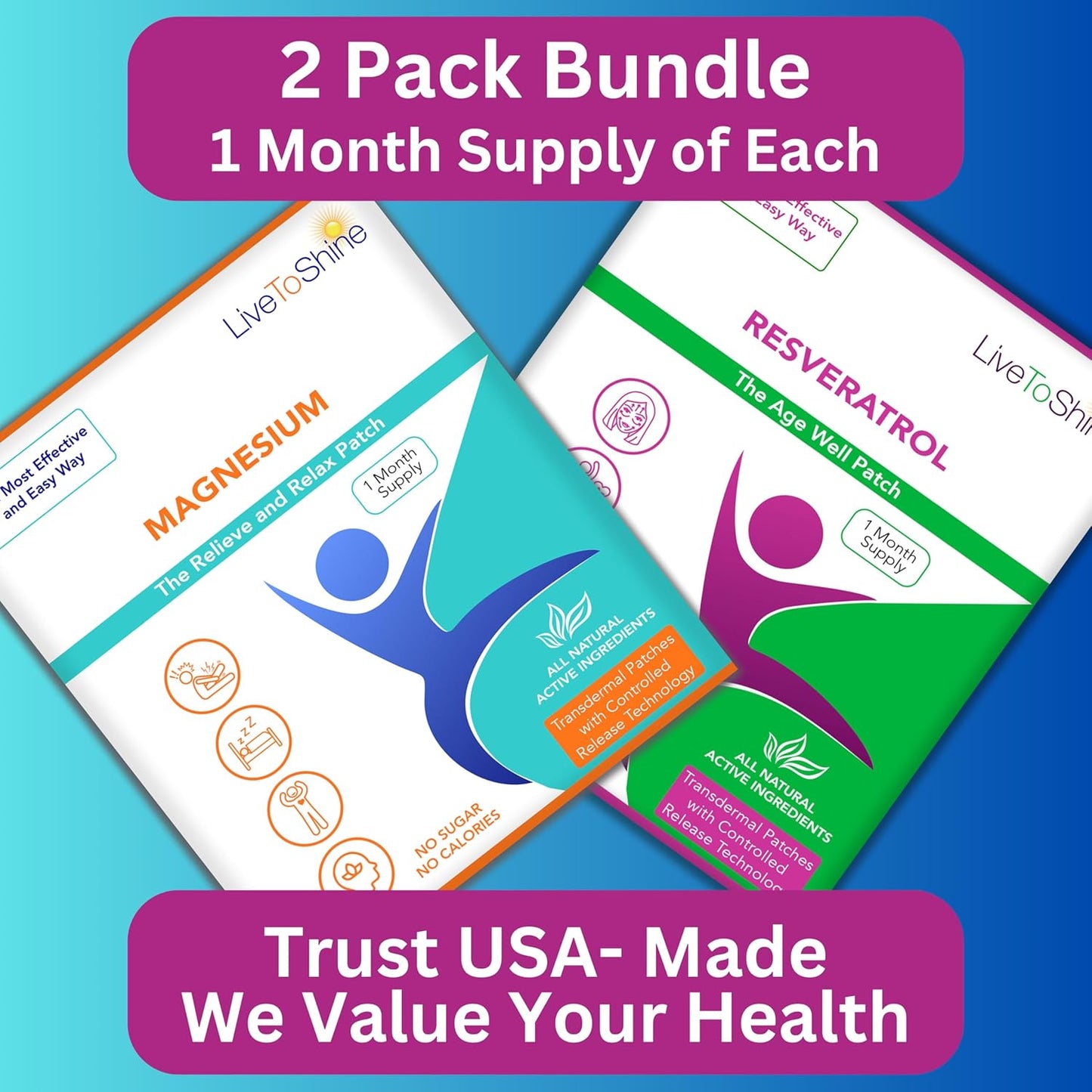 Magnesium and Resveratrol Patch Bundle - 60 Patches - 30 Days Supply Each Pack - Made in USA by Live To Shine