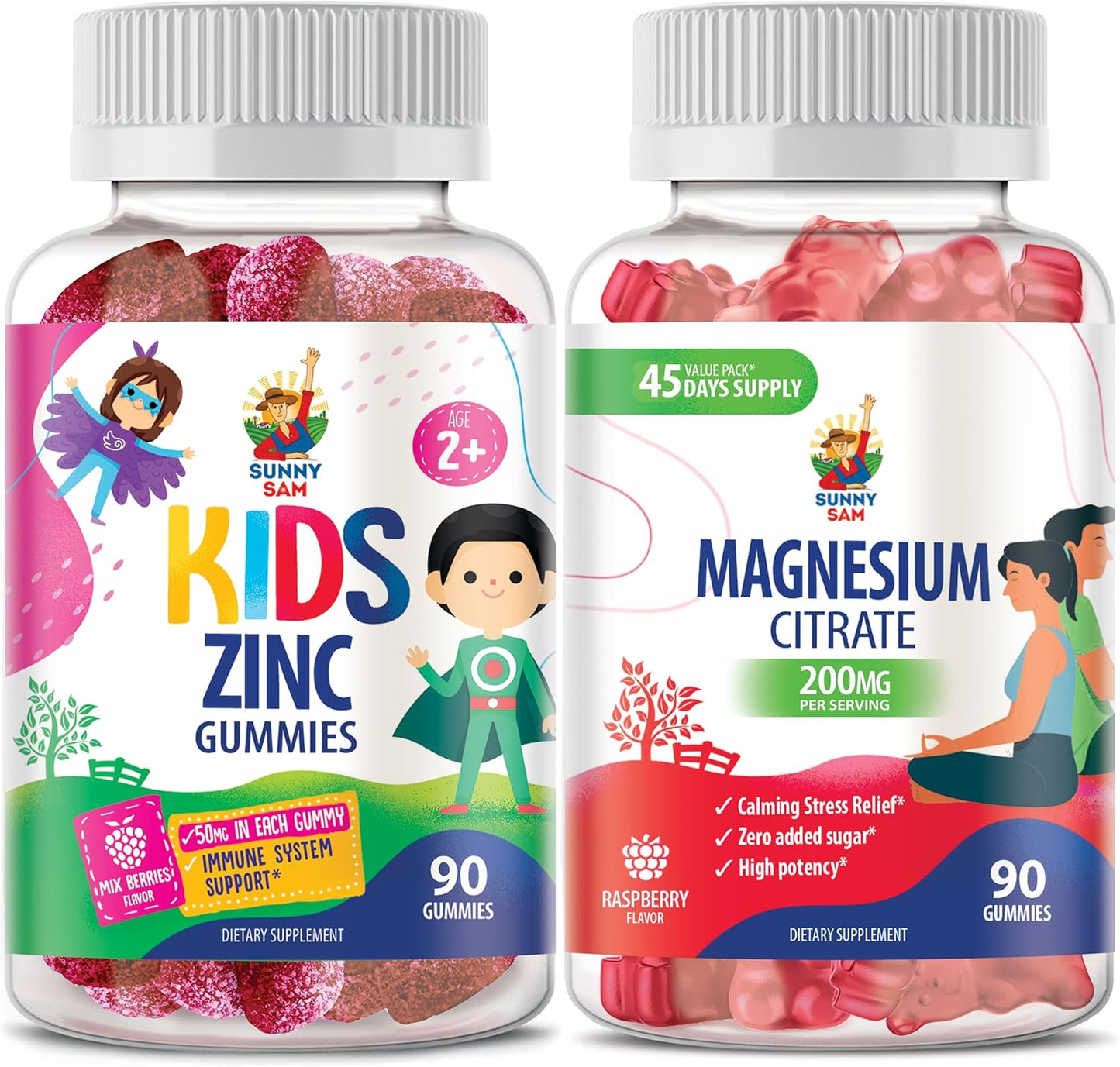 Magnesium and Zinc Gummies for Mood, Muscle, and Immune Support - Chewable Supplement for Adults and Kids - 200mg Magnesium Citrate - Sunny SAM