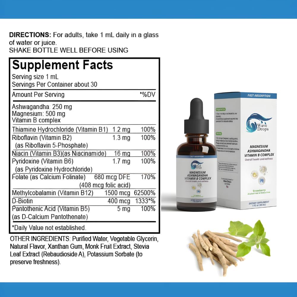 Magnesium, Ashwagandha & B-Complex Liquid Drops for Stress Management and Energy Support | Non-GMO, Gluten-Free | 1 Fl Oz