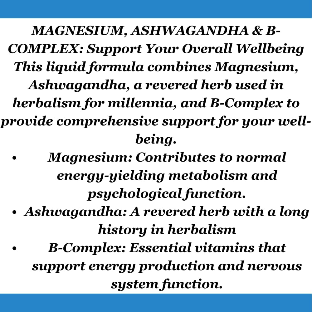 Magnesium, Ashwagandha & B-Complex Liquid Drops for Stress Management and Energy Support | Non-GMO, Gluten-Free | 1 Fl Oz