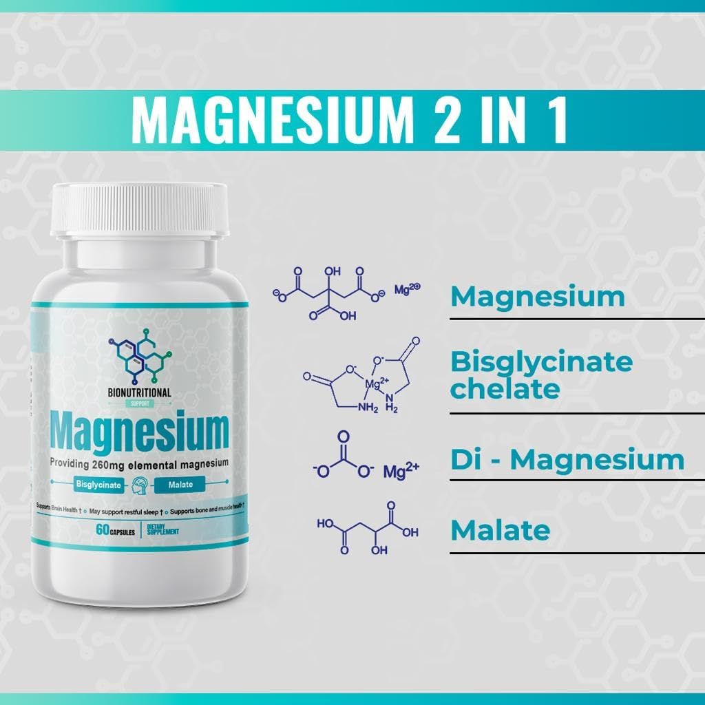 Magnesium Bisglycinate Malate Supplement for Brain, Sleep, Stress, Bone, Muscle, Energy Support