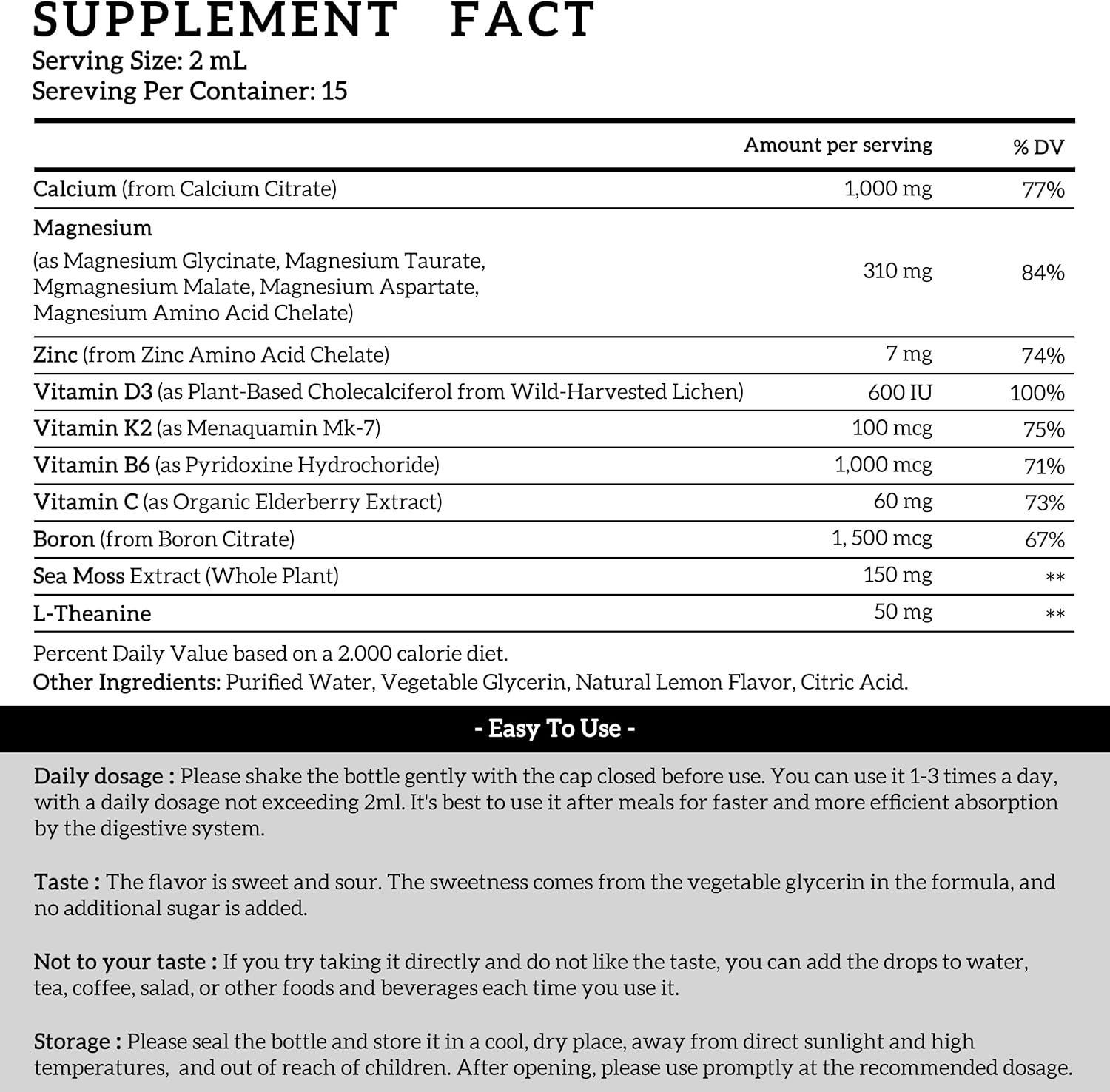 Magnesium Calcium Zinc Supplement with Vitamin D3 K2 for Women - Liquid Drops for Bone Health & Sleep, 1 Fl Oz