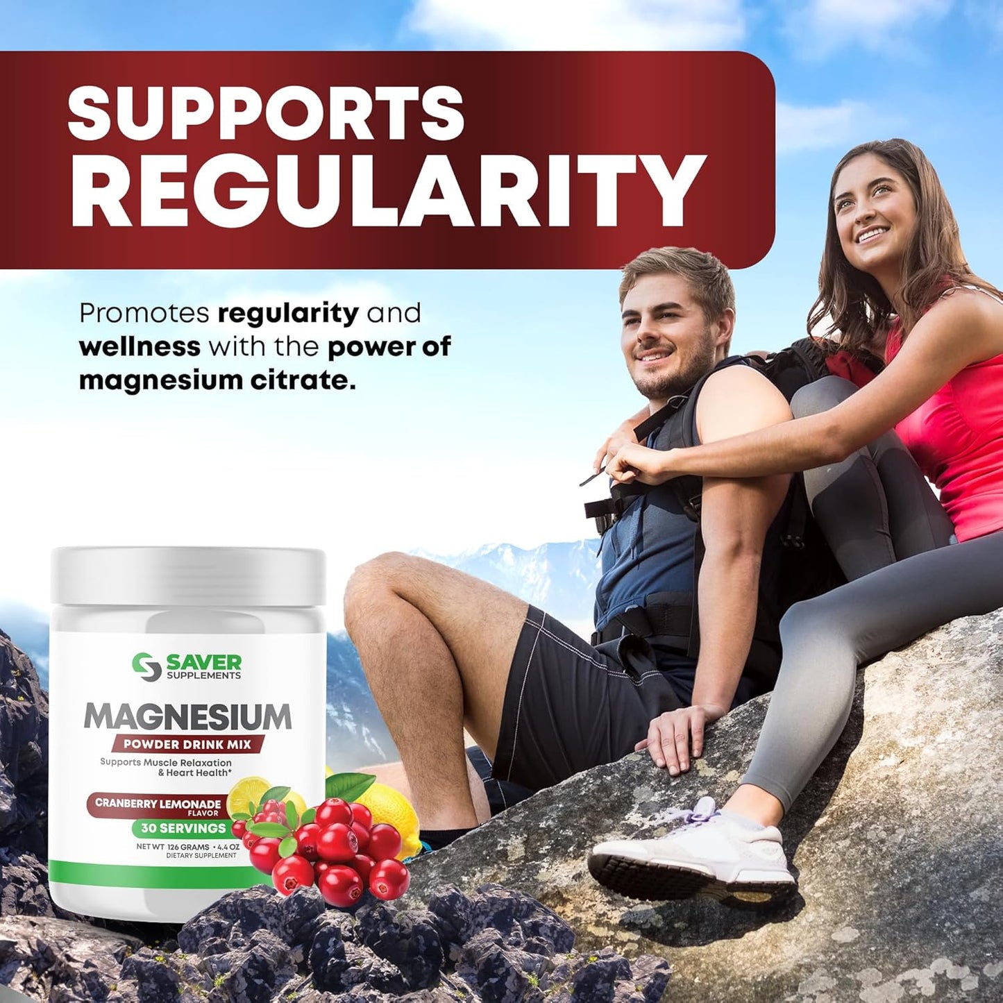 Magnesium Citrate Powder Drink Mix for Stress Relief & Heart Health - Cranberry Lemonade Flavor - 30 Servings