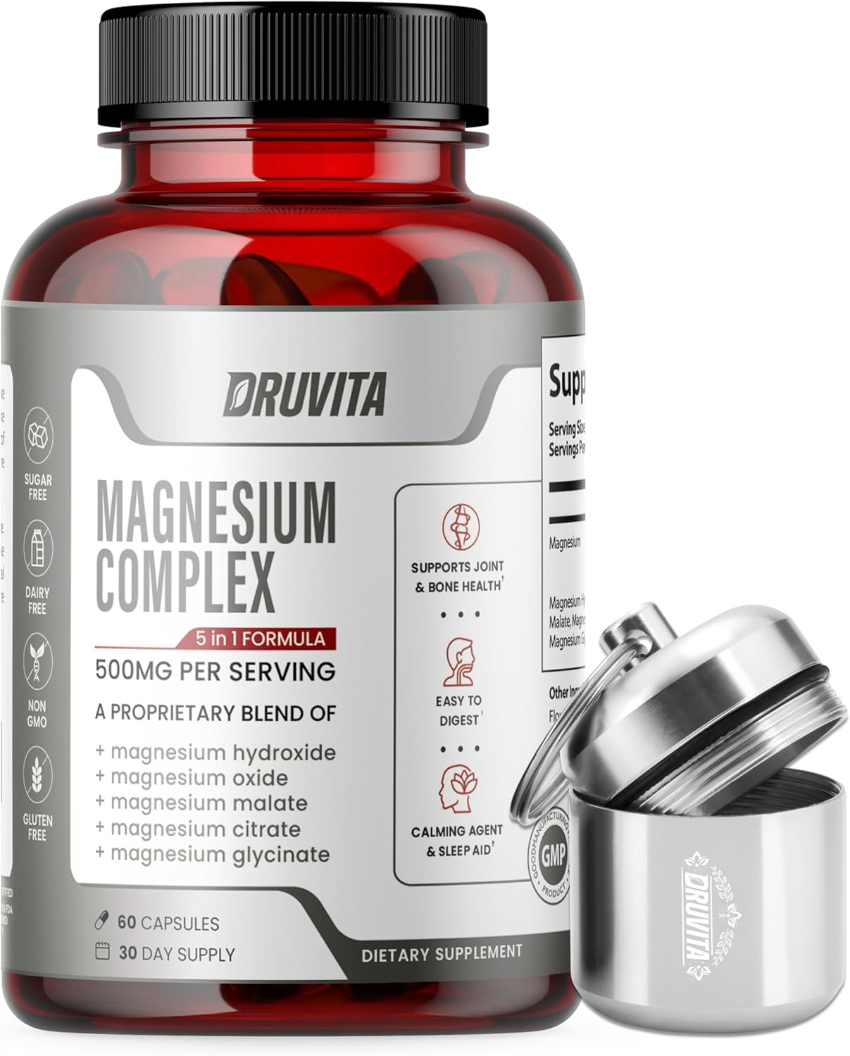 Magnesium Complex 500mg - 5-in-1 Formula for Bone, Joint, Heart, Sleep - 60 Capsules + Pill Container