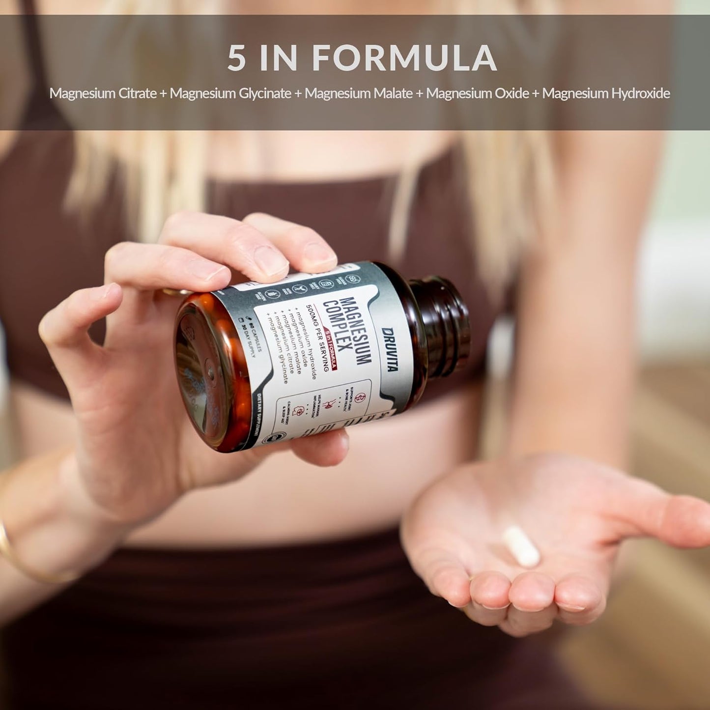 Magnesium Complex 500mg - 5-in-1 Formula for Bone, Joint, Heart, Sleep - 60 Capsules + Pill Container