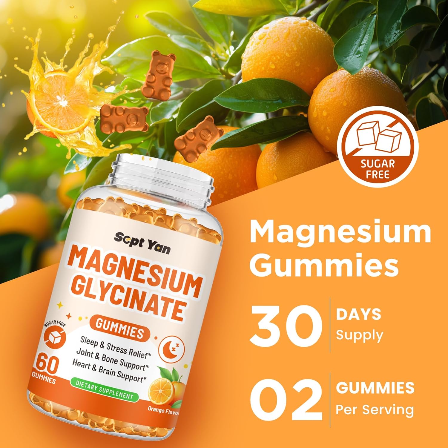 Magnesium Complex Gummies for Adults with Vitamin B6, D, CoQ10 - Mood, Bone, Muscle Support - Sugar Free Orange Flavor - 60 ct