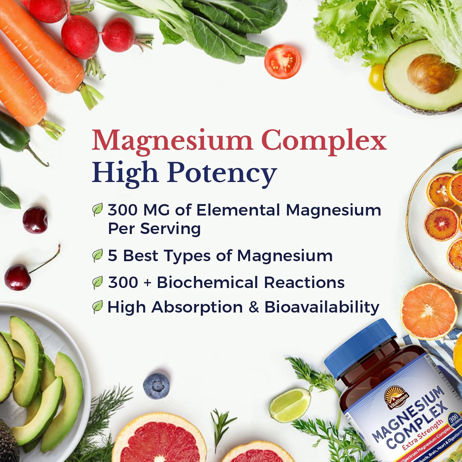 Magnesium Complex Supplement 300mg | Citrate Glycinate Taurate Malate | Non-GMO, Gluten-Free | 240 Capsules for Bone Muscle Brain Heart