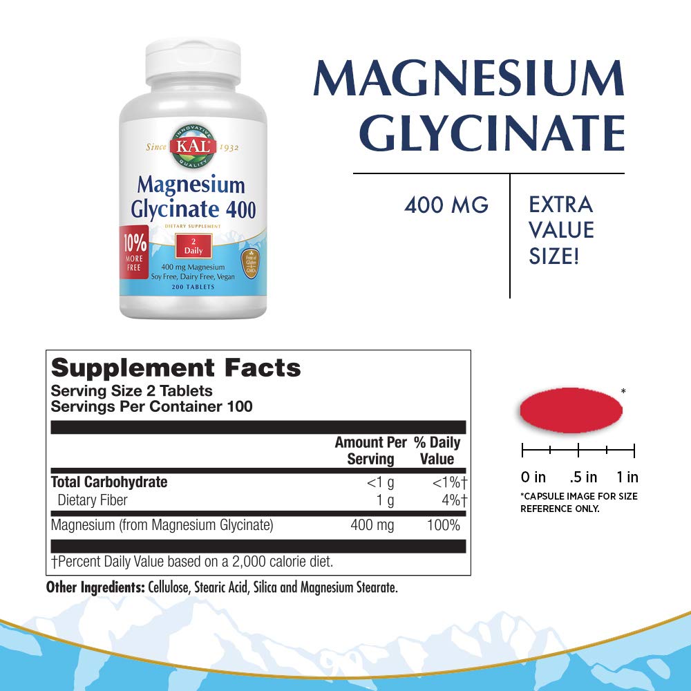Magnesium Glycinate 400 mg Supplement for Relaxation & Muscle Support - 100 Servings (200 CT)