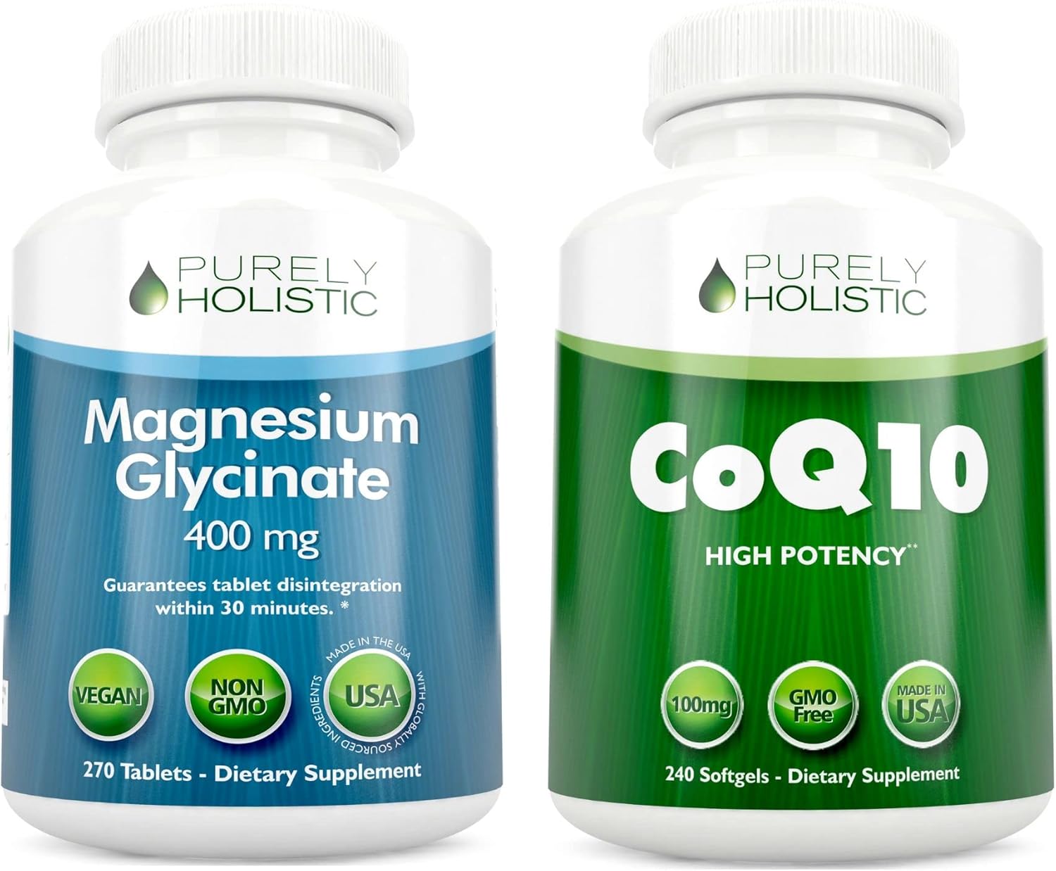 Magnesium Glycinate 400mg and CoQ10 100mg Bundle with Organic Olive Oil - 270 Tablets & 240 Softgels for Holistic Wellness