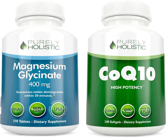 Magnesium Glycinate 400mg and CoQ10 100mg Bundle with Organic Olive Oil - 270 Tablets & 240 Softgels for Holistic Wellness