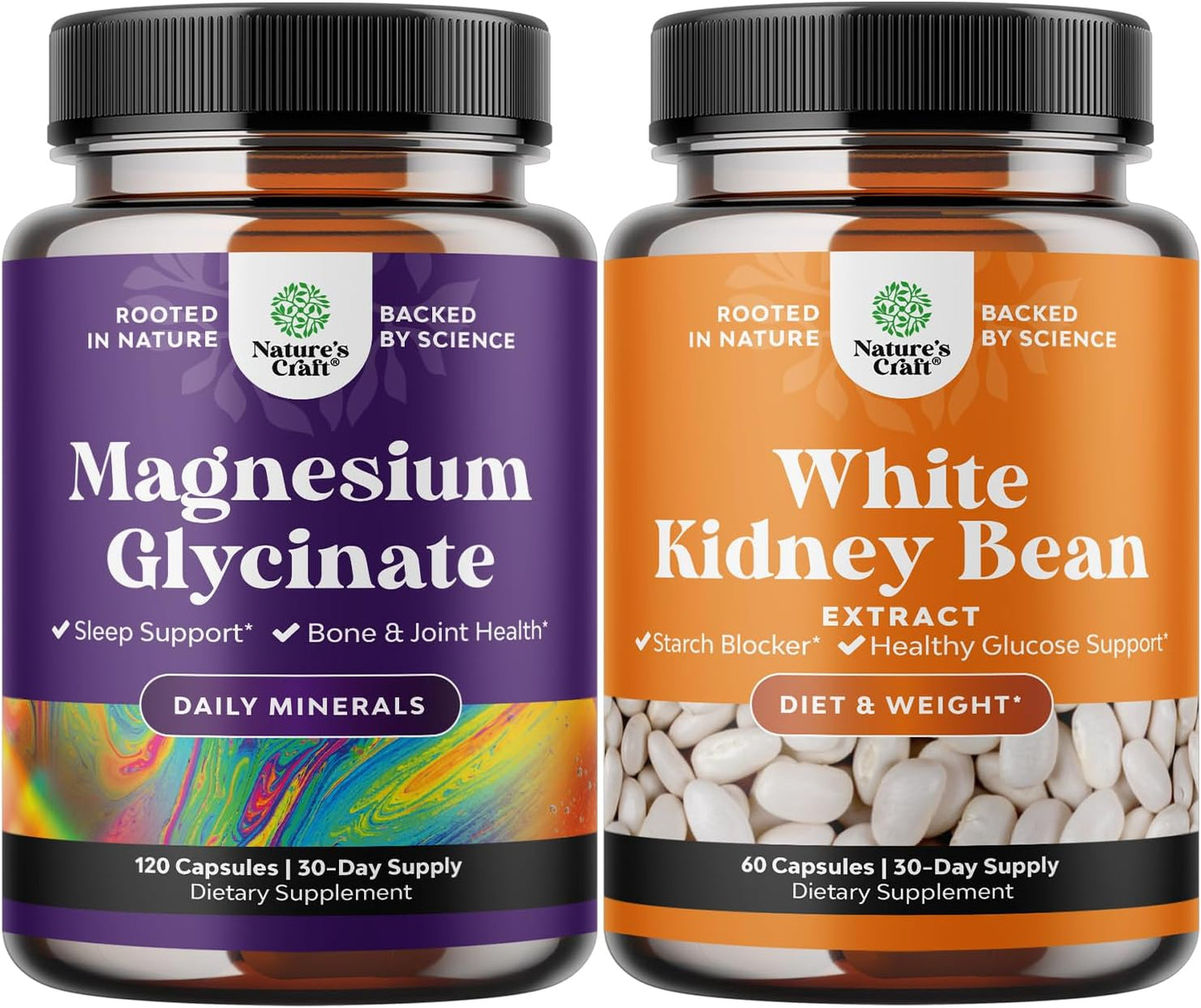 Magnesium Glycinate 400mg Capsules and White Kidney Bean Energy Booster Bundle - Natural Vegetarian Supplements