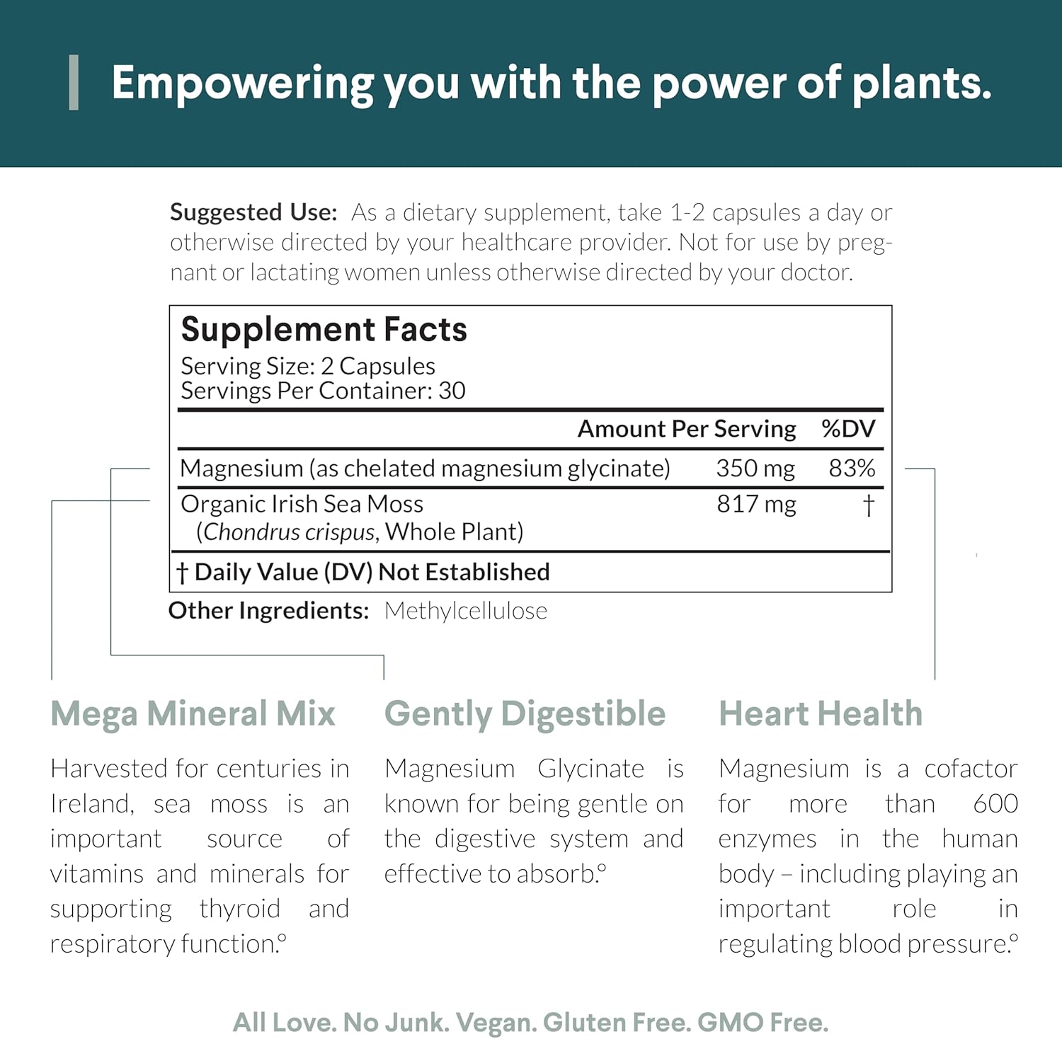 Magnesium Glycinate and Irish Sea Moss Capsules - Essential Minerals for Heart and Bone Health - 30 Servings - 60 Capsules