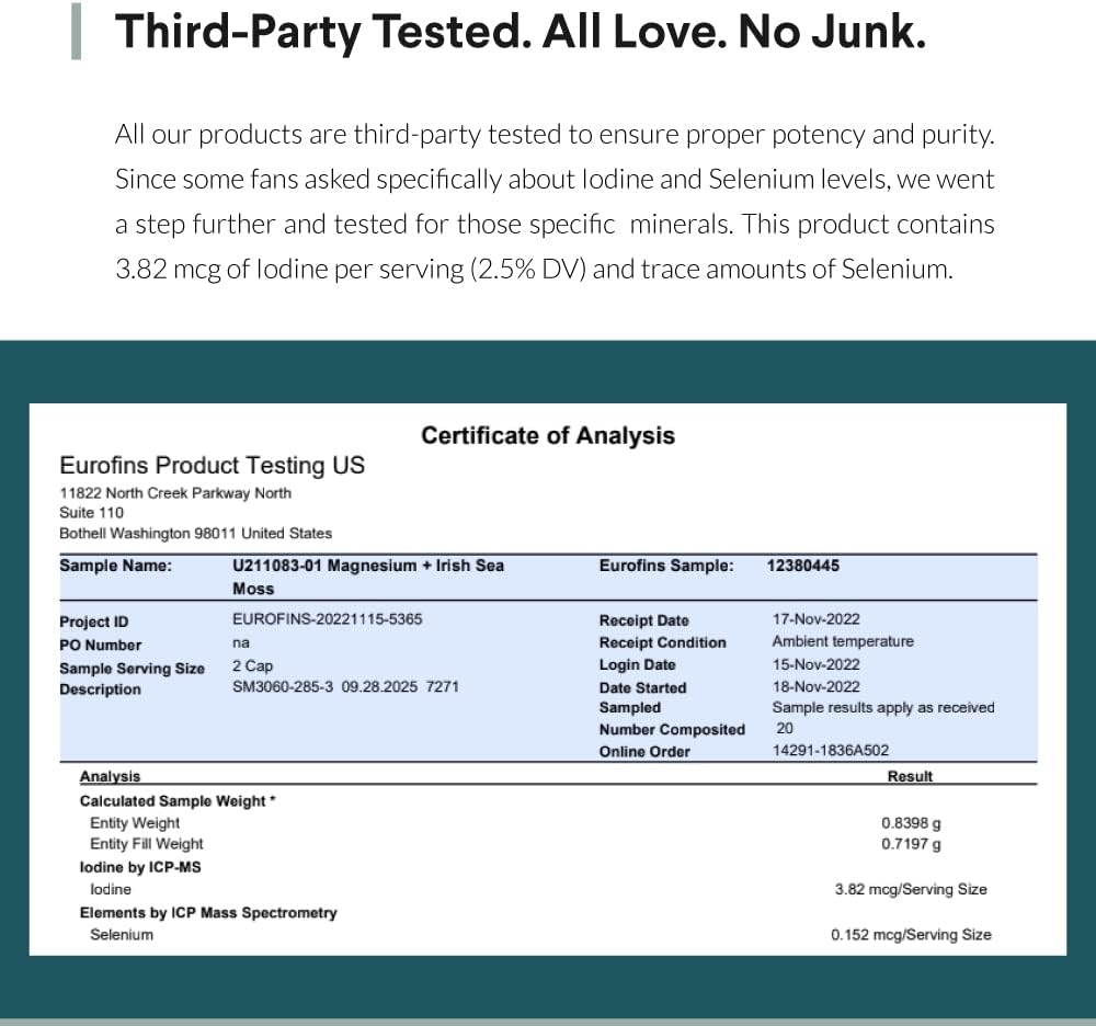 Magnesium Glycinate and Irish Sea Moss Capsules - Essential Minerals for Heart and Bone Health - 30 Servings - 60 Capsules