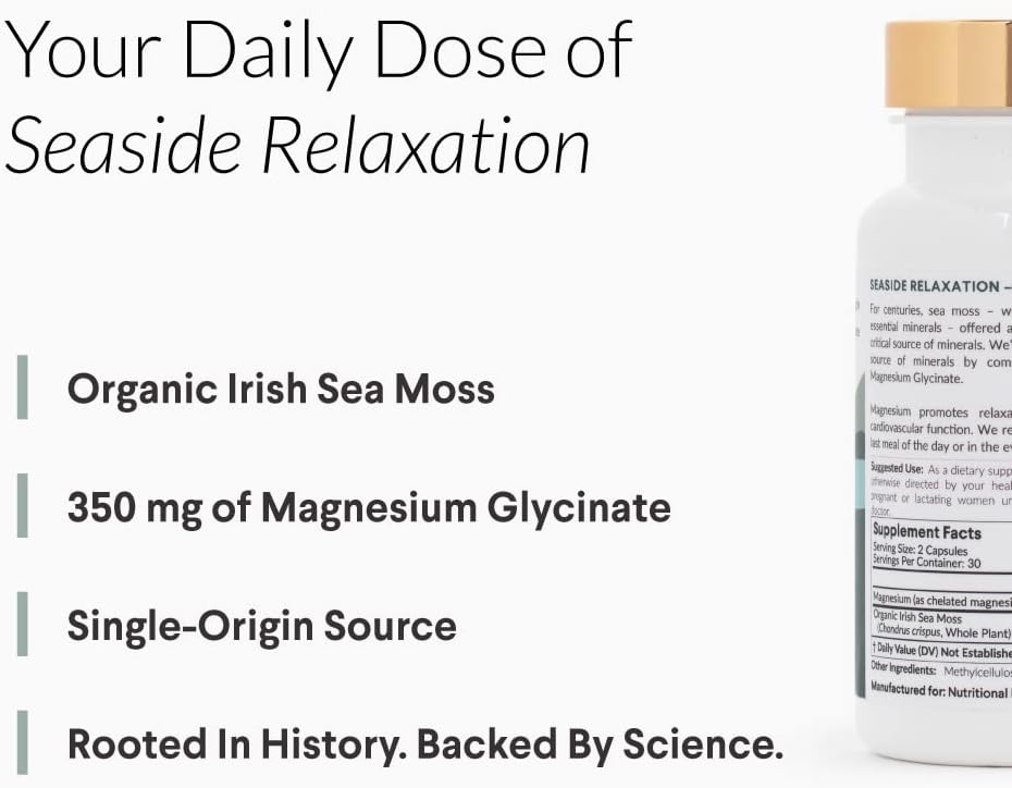 Magnesium Glycinate and Irish Sea Moss Capsules - Essential Minerals for Heart and Bone Health - 30 Servings - 60 Capsules