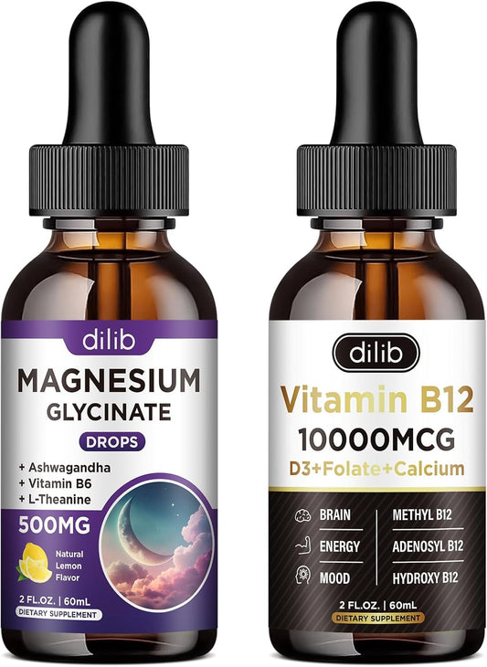 Magnesium Glycinate and Vitamin B12 Complex Liquid Drops Supplement Bundle