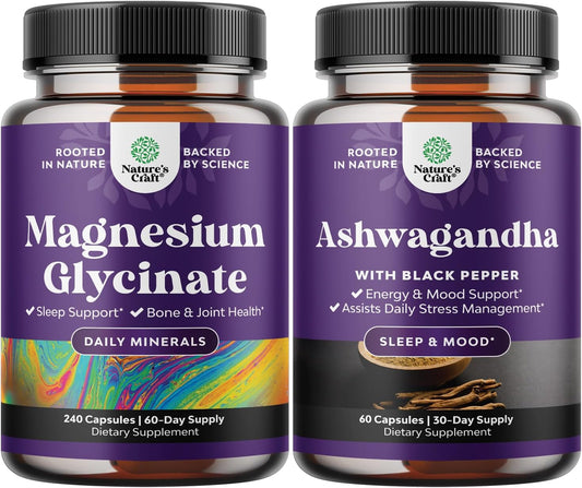 Magnesium Glycinate & Ashwagandha Bundle: Natural Supplements for Mood, Sleep & Immune Support - 240ct.