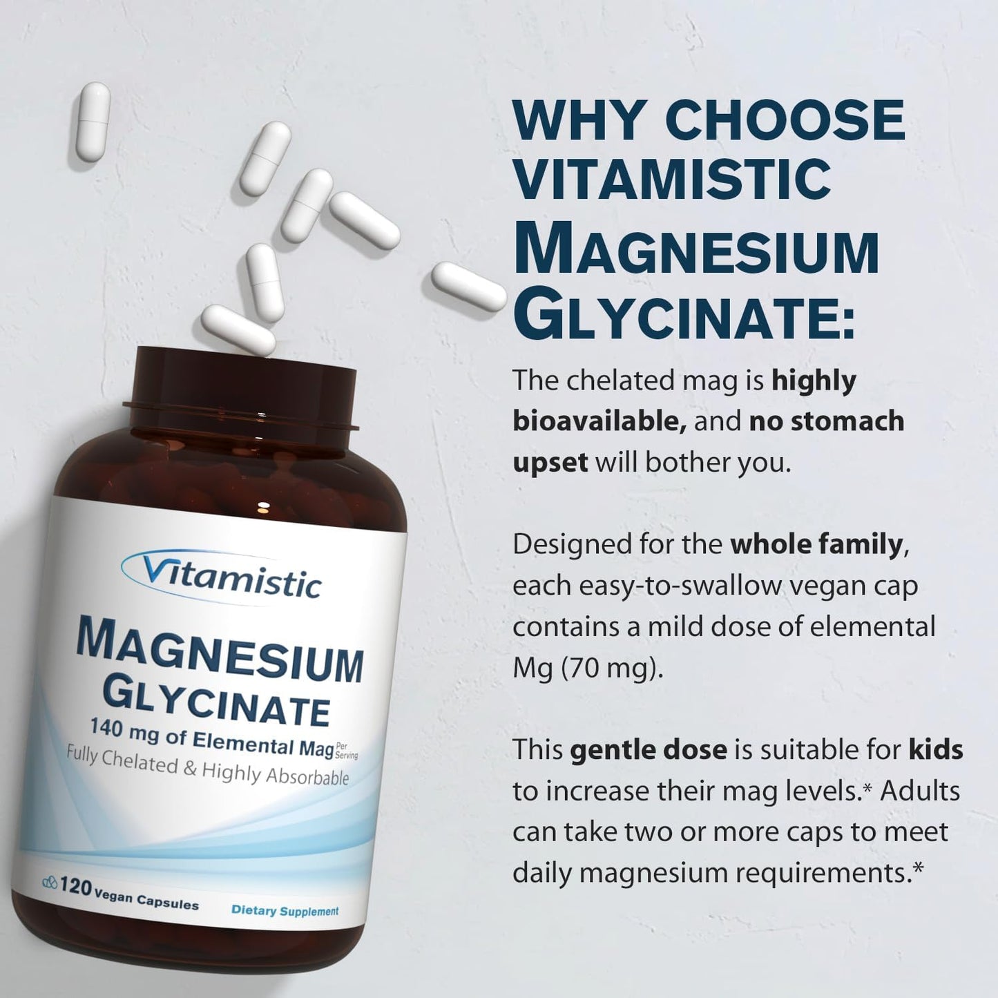 Magnesium Glycinate Capsules - Bioavailable Chelated Supplement for Sleep, Bone, Muscle Health - 140mg Magnesium - Non-GMO, Vegan - 120 Capsules
