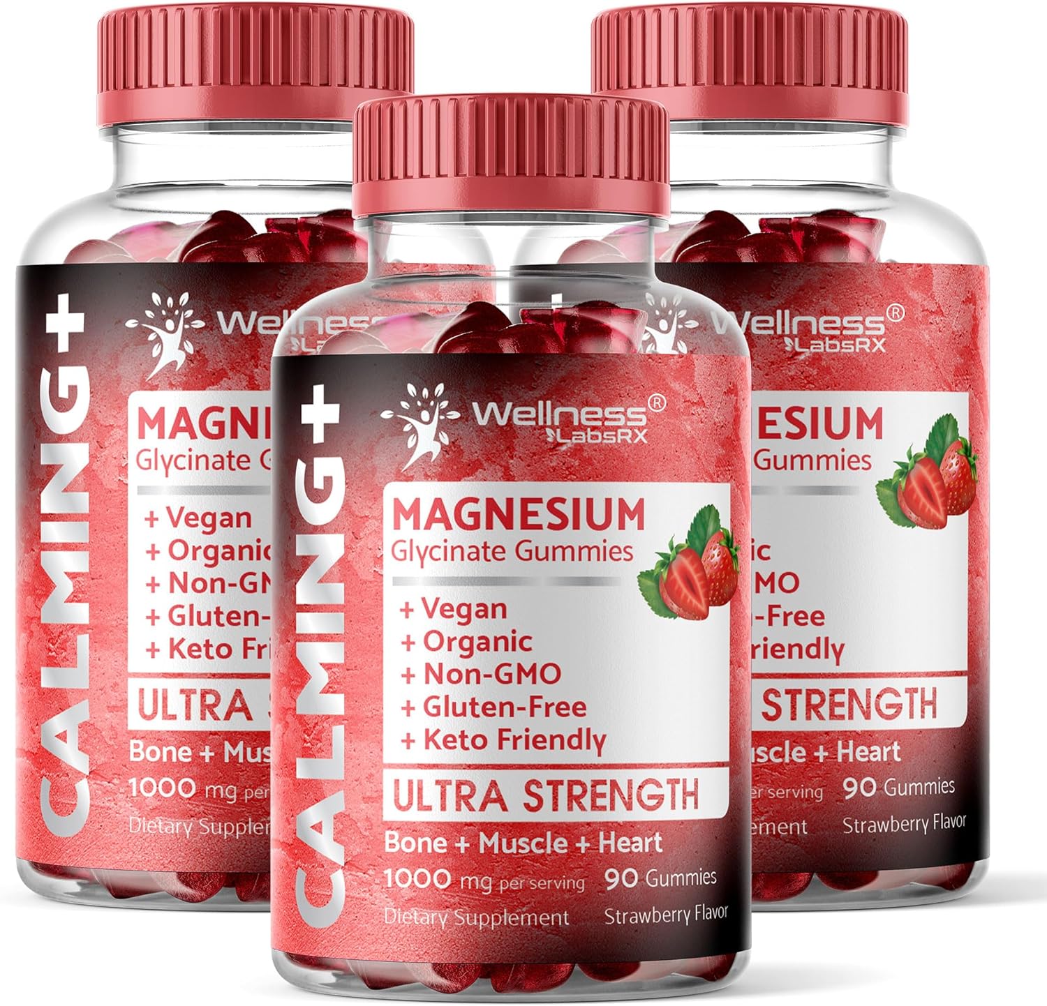 Magnesium Glycinate Gummies 1000mg - Relaxation & Heart Health Support - Chewable Calm Supplement for Adults - Strawberry Flavor - 3 Pack