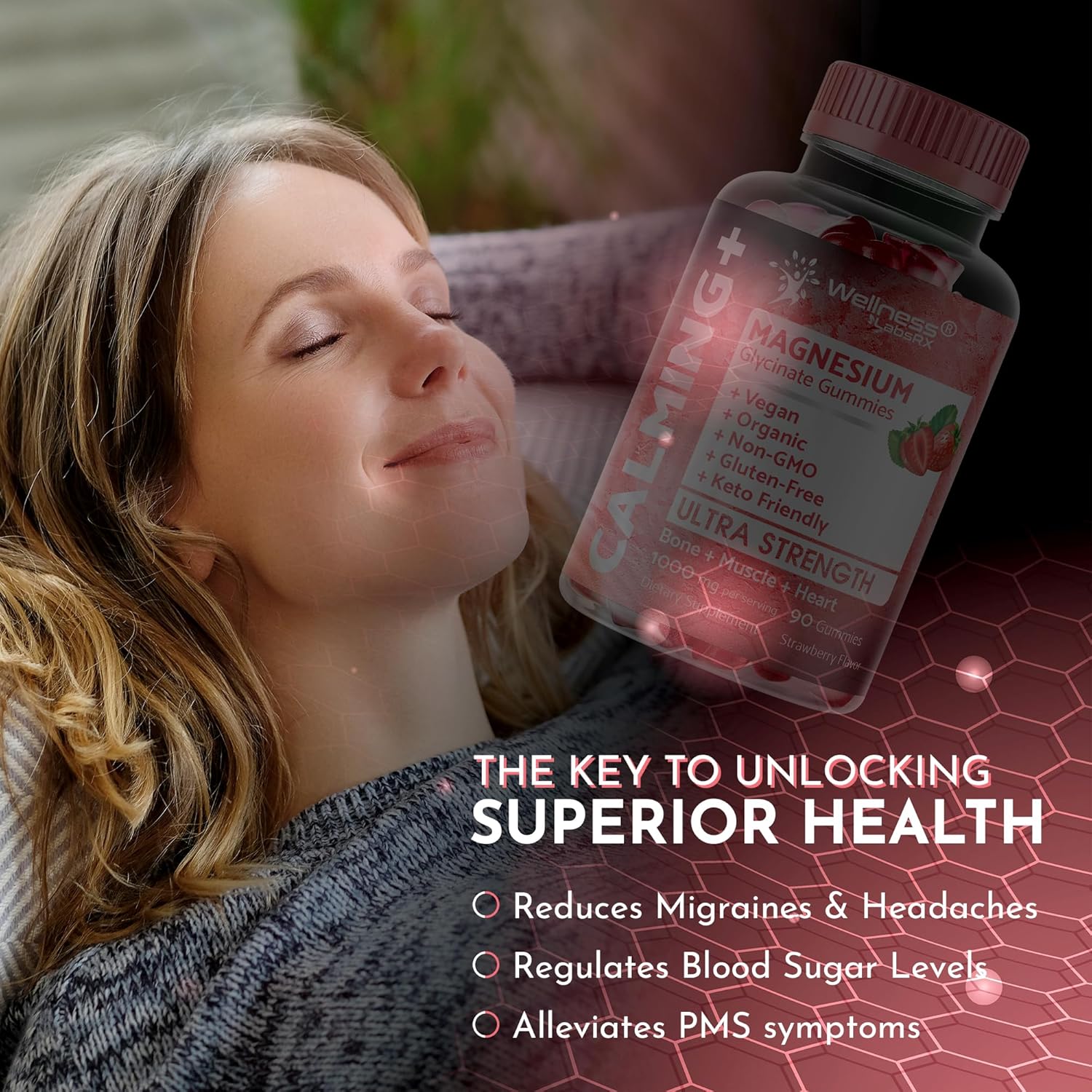 Magnesium Glycinate Gummies 1000mg - Relaxation & Heart Health Support - Chewable Calm Supplement for Adults - Strawberry Flavor - 3 Pack