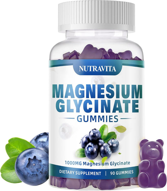 Magnesium Glycinate Gummies 1000mg with Potassium Complex - 90 Gummies Blueberry - Memory, Calm, Mood Support