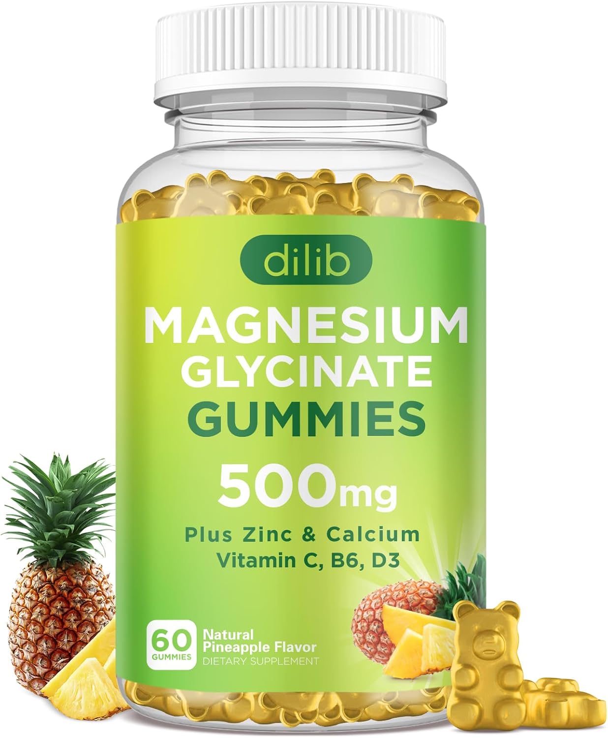 Magnesium Glycinate Gummies 500mg with Calcium, Zinc, Vitamin C, B6, D3 - Pineapple Flavor, 60 Gummies - Chewable Supplement for Sleep, Mood, Muscle Support
