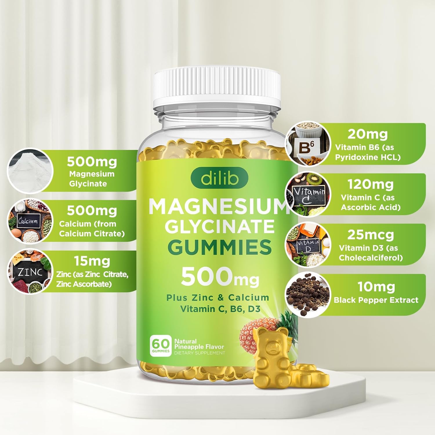 Magnesium Glycinate Gummies 500mg with Calcium, Zinc, Vitamin C, B6, D3 - Pineapple Flavor, 60 Gummies - Chewable Supplement for Sleep, Mood, Muscle Support