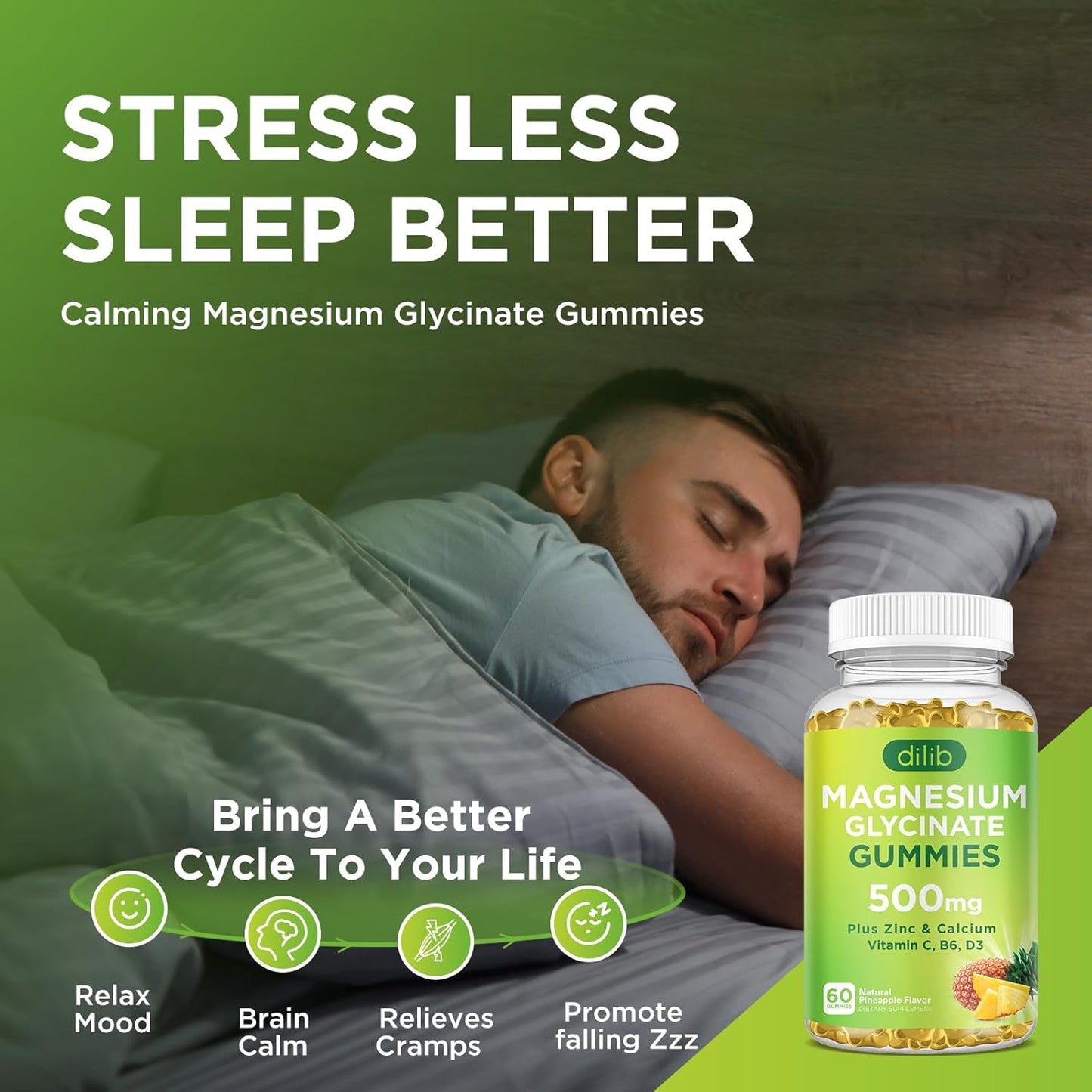 Magnesium Glycinate Gummies 500mg with Calcium, Zinc, Vitamin C, B6, D3 - Pineapple Flavor, 60 Gummies - Chewable Supplement for Sleep, Mood, Muscle Support