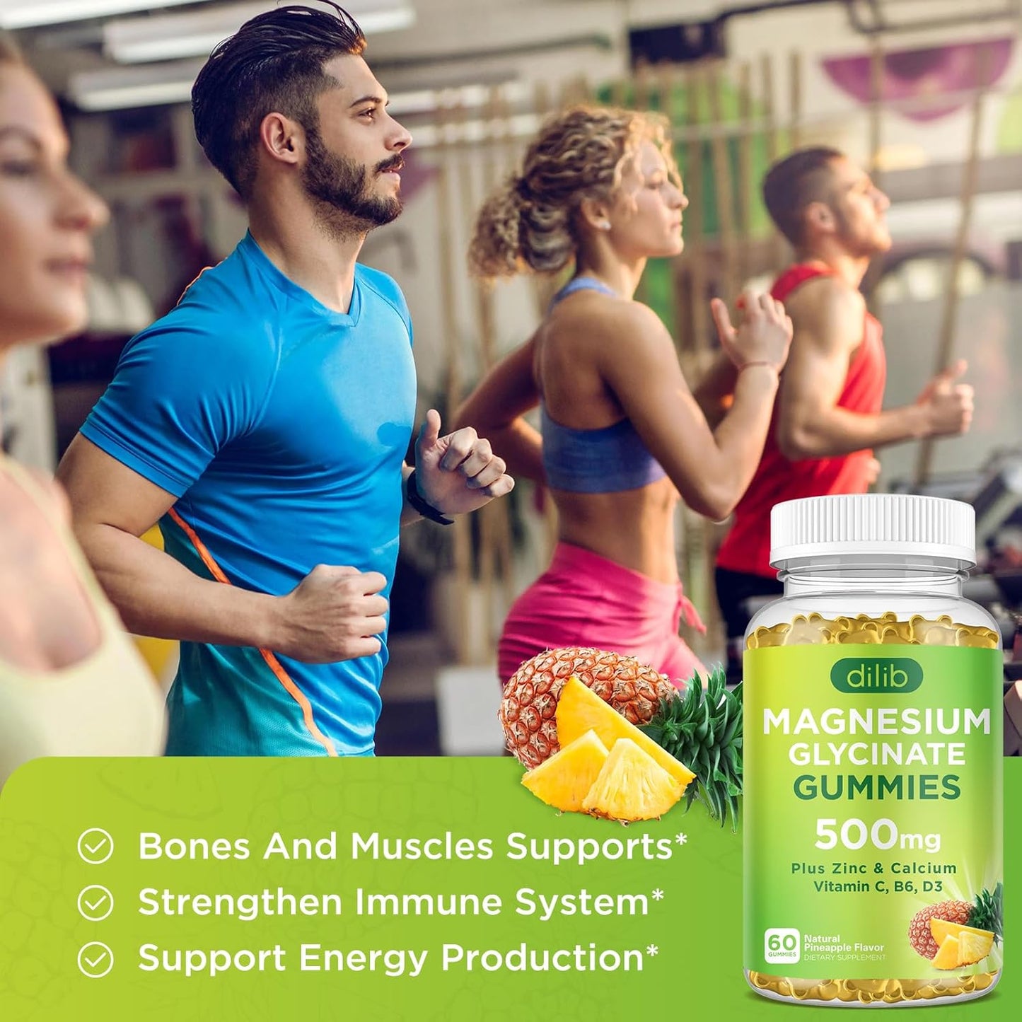 Magnesium Glycinate Gummies 500mg with Calcium, Zinc, Vitamin C, B6, D3 - Pineapple Flavor, 60 Gummies - Chewable Supplement for Sleep, Mood, Muscle Support