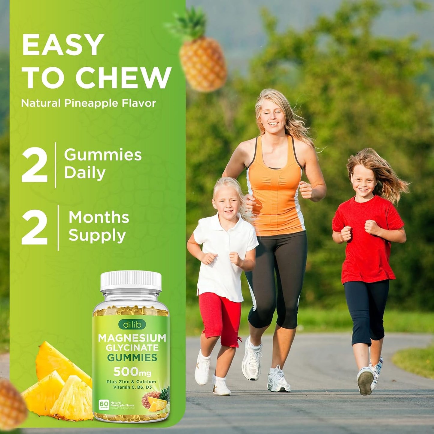 Magnesium Glycinate Gummies 500mg with Calcium, Zinc, Vitamin C, B6, D3 - Pineapple Flavor, 60 Gummies - Chewable Supplement for Sleep, Mood, Muscle Support