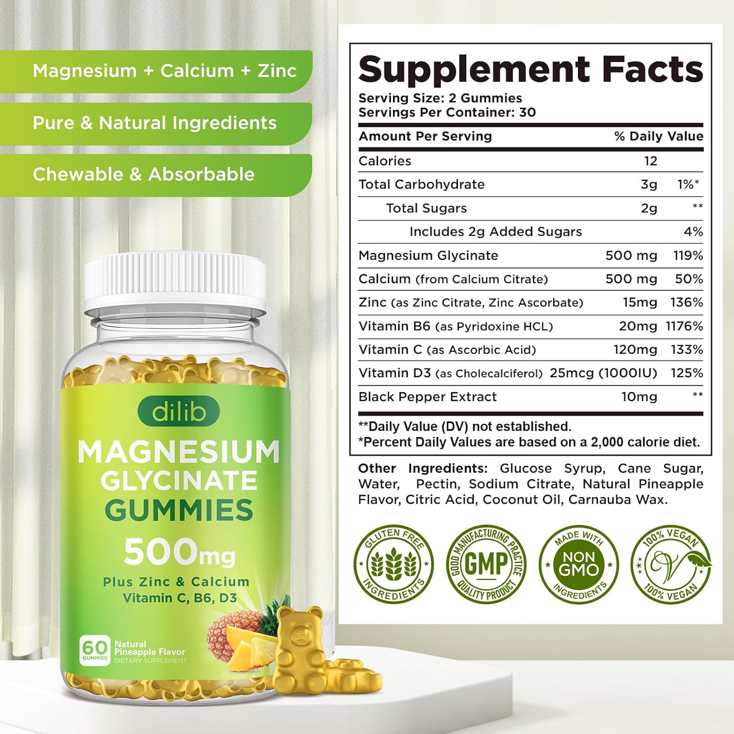 Magnesium Glycinate Gummies 500mg with Calcium, Zinc, Vitamin C, B6, D3 - Pineapple Flavor, 60 Gummies - Chewable Supplement for Sleep, Mood, Muscle Support