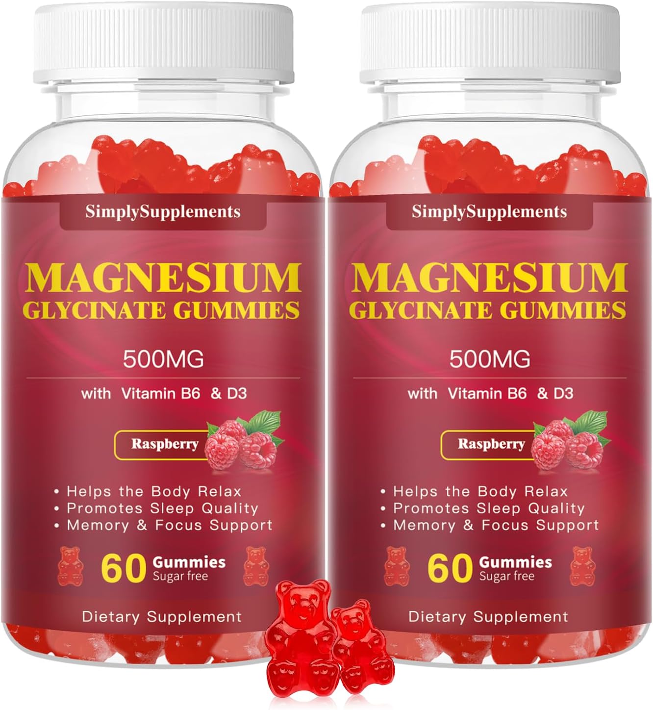 Magnesium Glycinate Gummies 500mg with Vitamin D3, B6, CoQ10 - Relaxation, Sleep & Mood Support - 2 Pack of 60 Raspberry Gummies