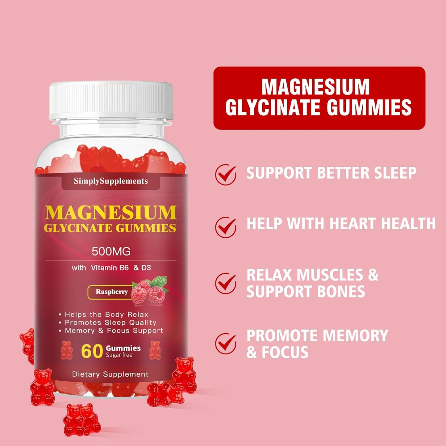 Magnesium Glycinate Gummies 500mg with Vitamin D3, B6, CoQ10 - Relaxation, Sleep & Mood Support - 2 Pack of 60 Raspberry Gummies