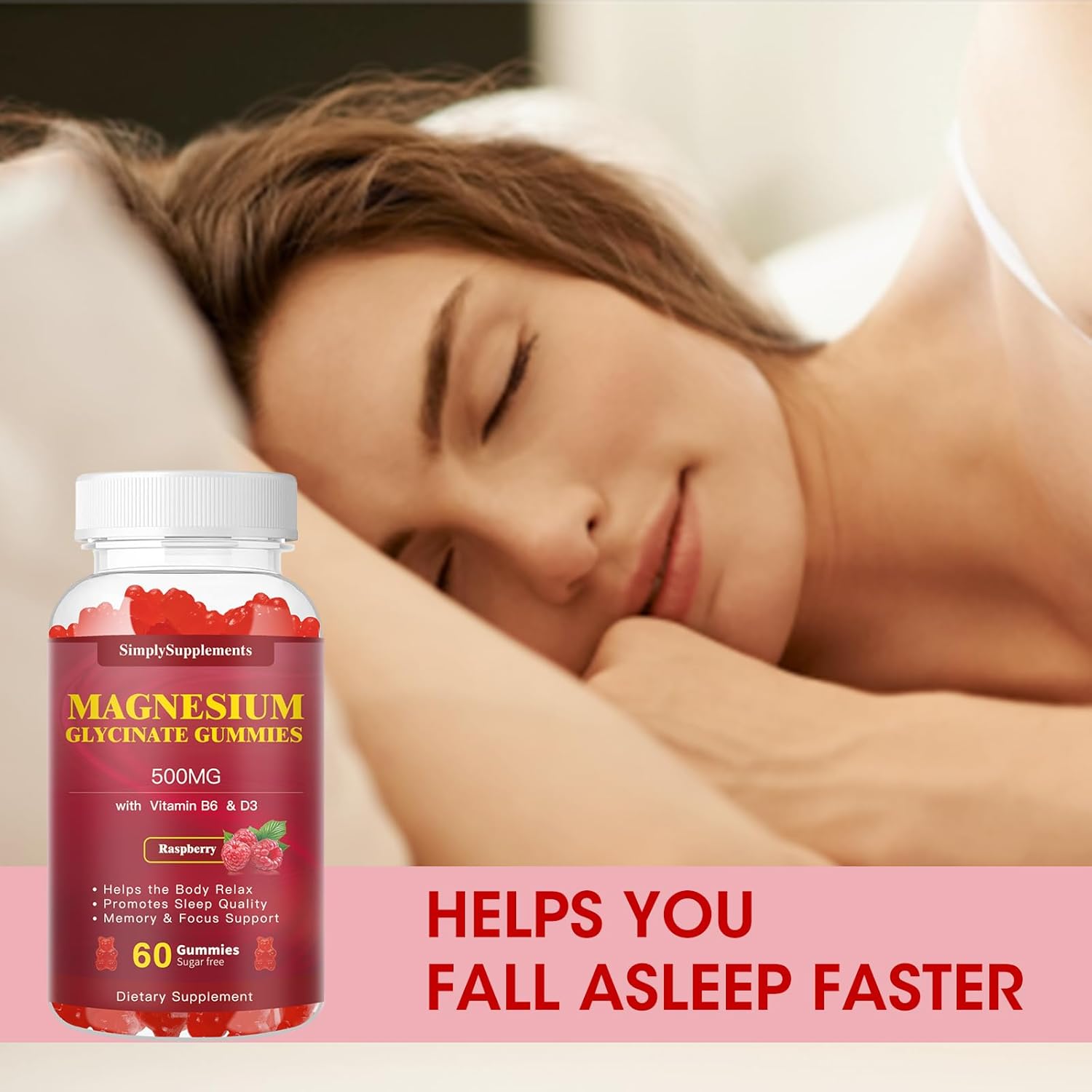 Magnesium Glycinate Gummies 500mg with Vitamin D3, B6, CoQ10 - Relaxation, Sleep & Mood Support - 2 Pack of 60 Raspberry Gummies