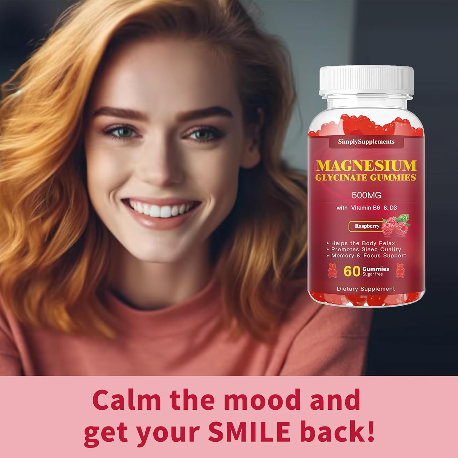 Magnesium Glycinate Gummies 500mg with Vitamin D3, B6, CoQ10 - Relaxation, Sleep & Mood Support - 2 Pack of 60 Raspberry Gummies