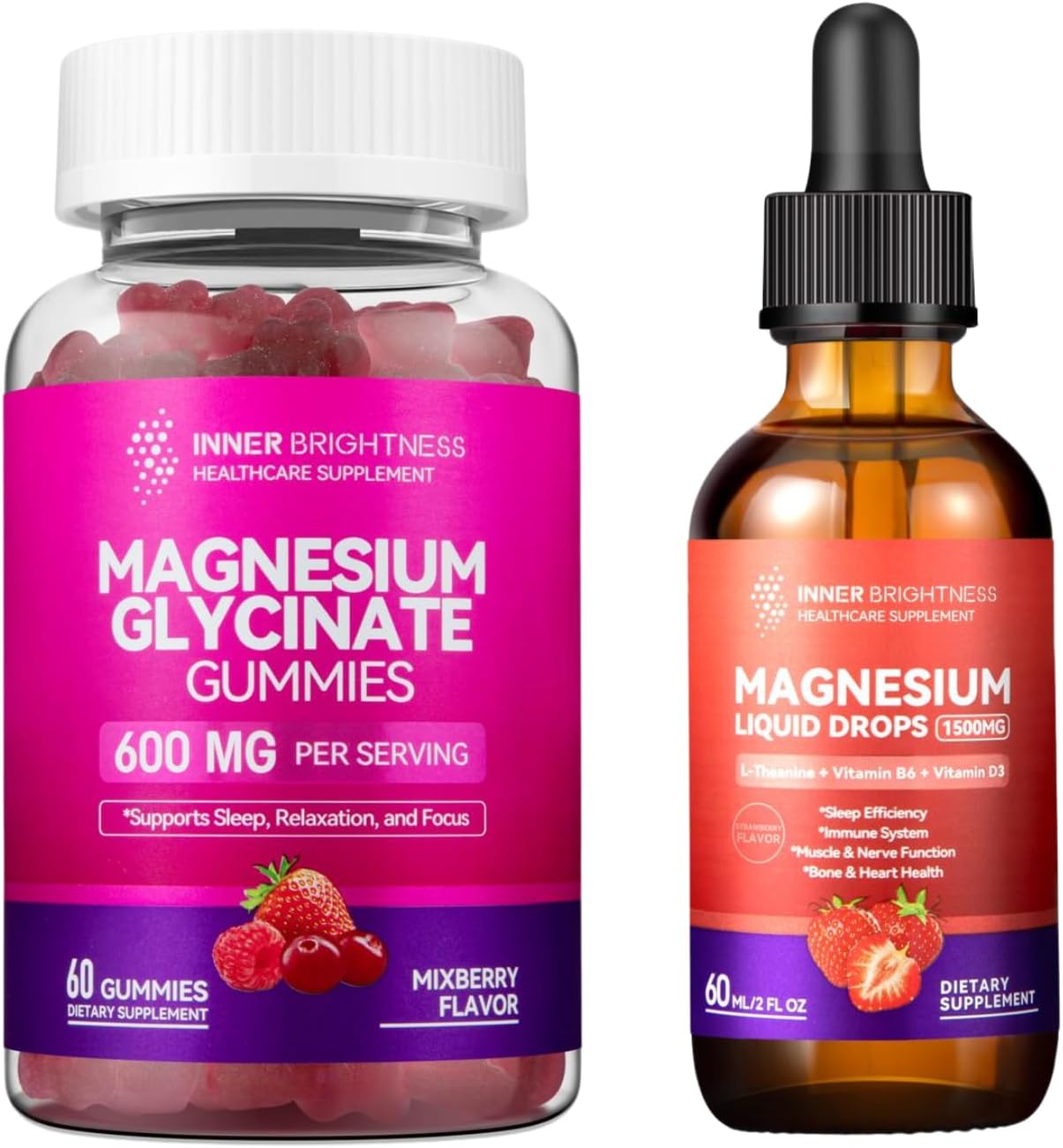 Magnesium Glycinate Gummies for Adults - Sleep, Relaxation, Focus - Mixed Berry & Strawberry Flavors - Liquid Magnesium Citrate & Taurate