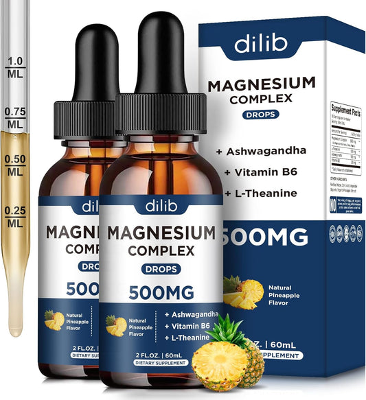 Magnesium Glycinate Liquid Drops 500mg with Triple Complex - Sleep Aid & Stress Relief Supplement - Pineapple Flavor - 4 Fl Oz