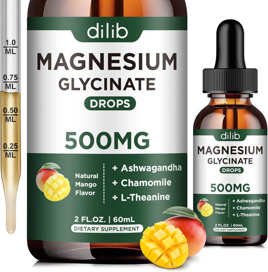 Magnesium Glycinate Liquid Drops with Ashwagandha, L-Theanine, and Chamomile for Stress Relief and Mood Support - Vegan Mango Flavor - 500mg